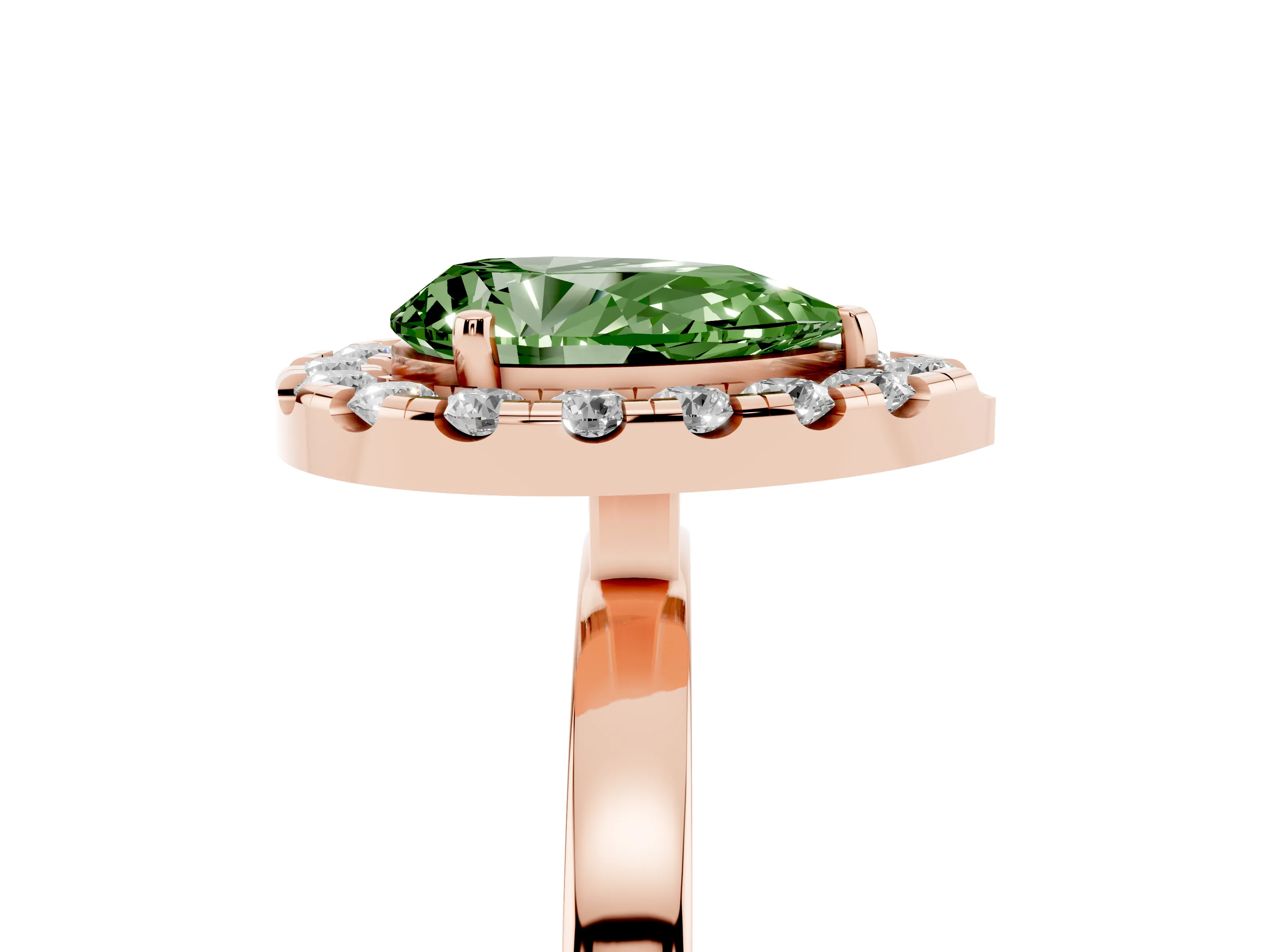 Fancy Green Pear Cut Diamond Halo Solitaire Ring Set in Rose gold with Pavé Band and Prong Setting