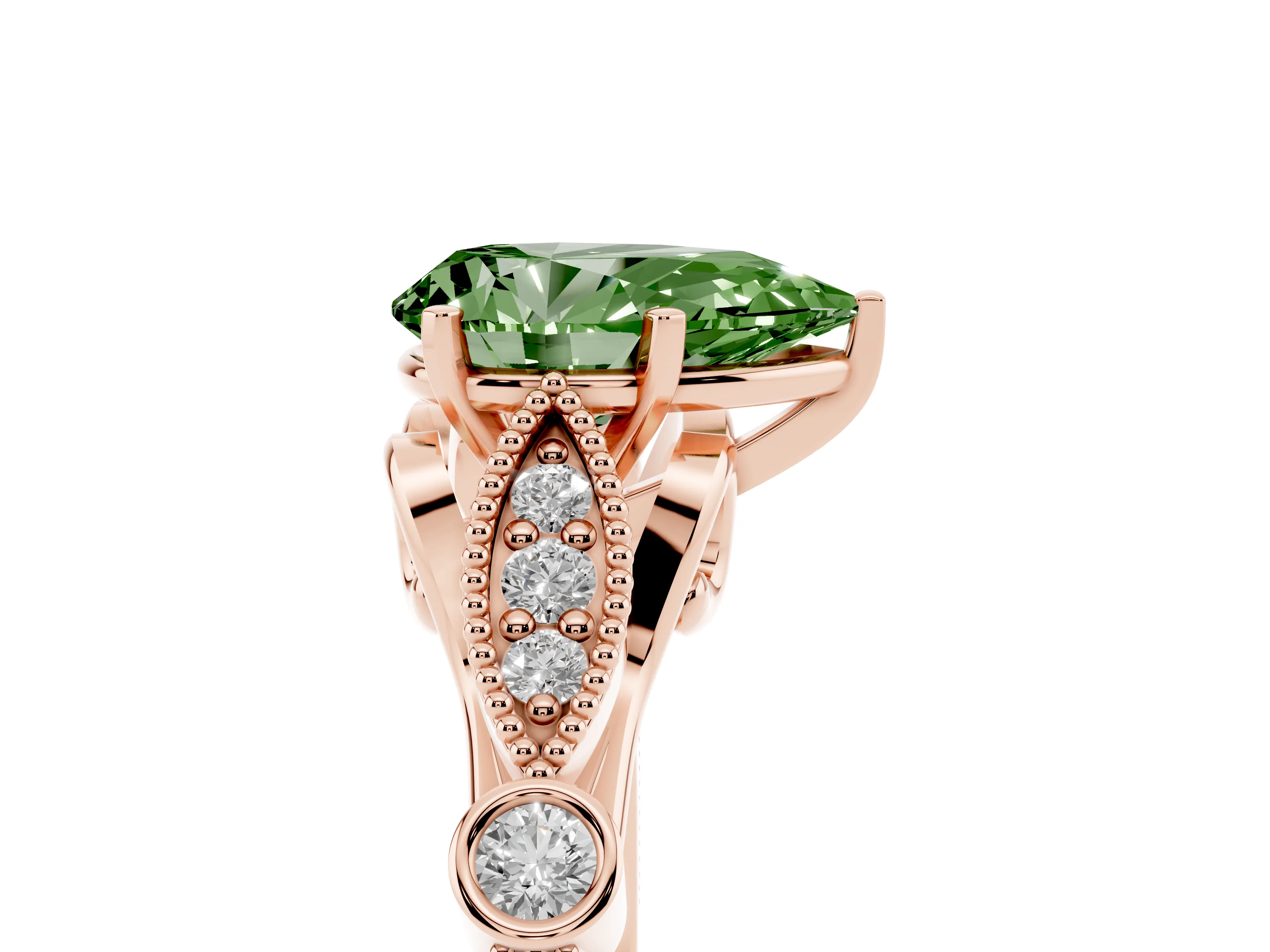 Fancy Green Pear Cut Diamond Solitaire Ring Set in Rose gold with Milgrain Marquise and Bezel Accents
