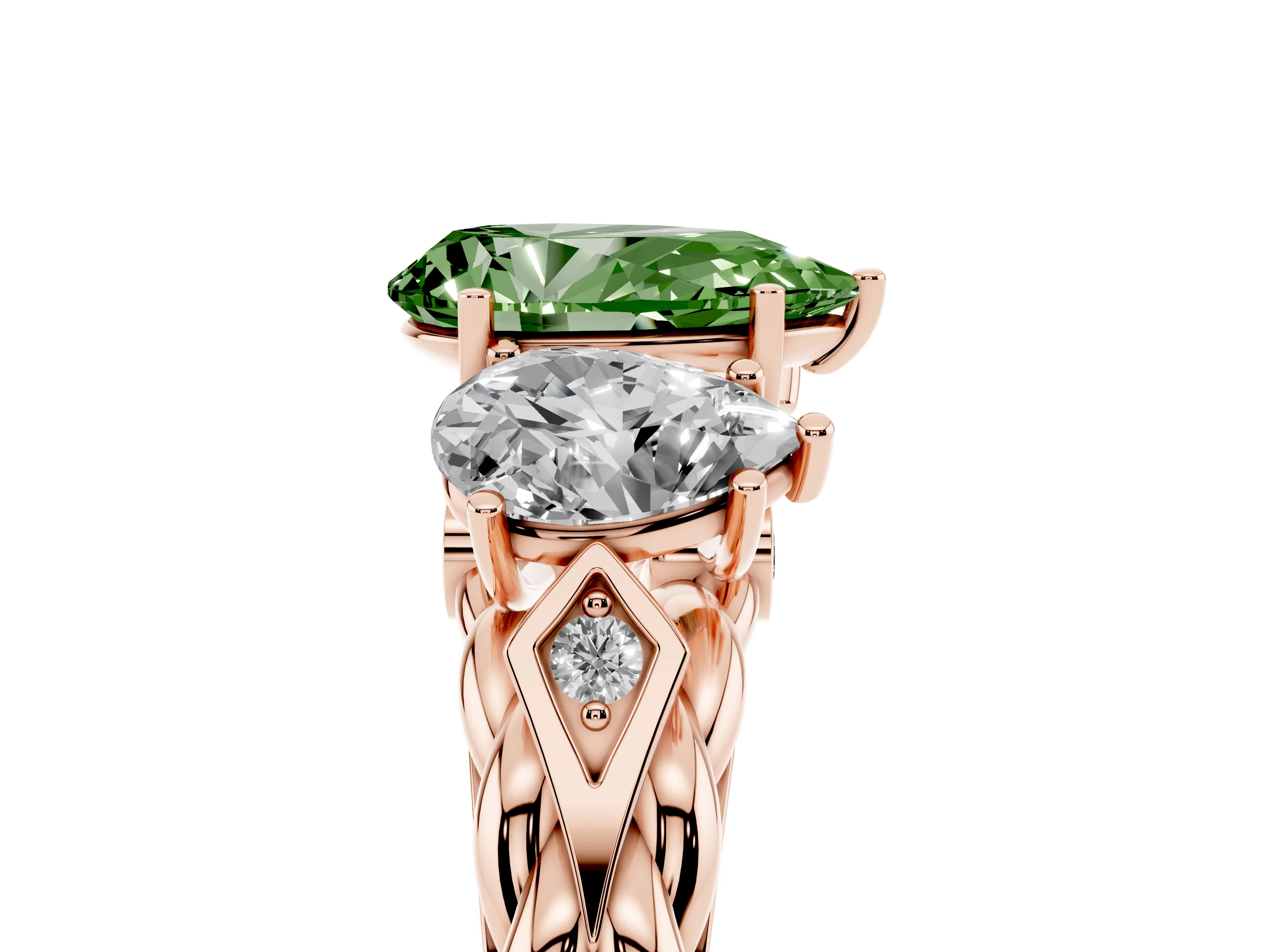 Fancy Green Pear Cut Diamond Three-Stone Ring Set in Rose gold with Braided Band