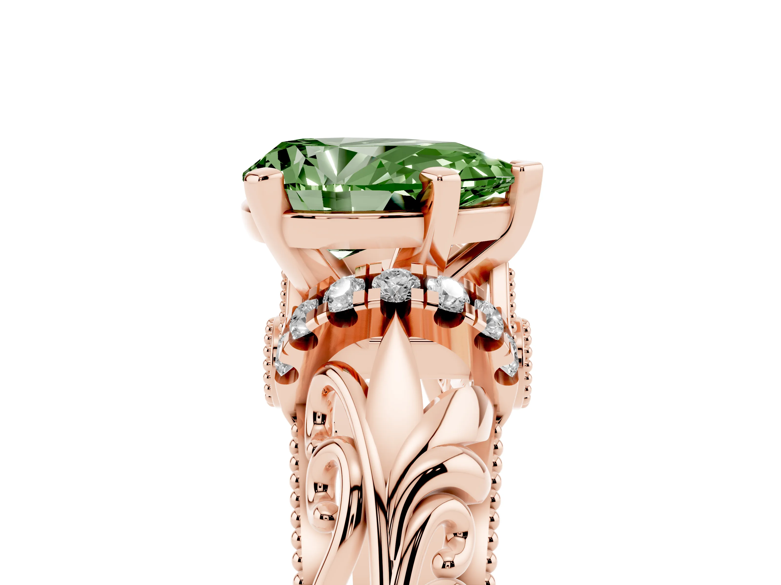 Fancy Green Pear Cut Diamond Filigree Halo Engagement Ring Set in Rose gold with Prong Setting