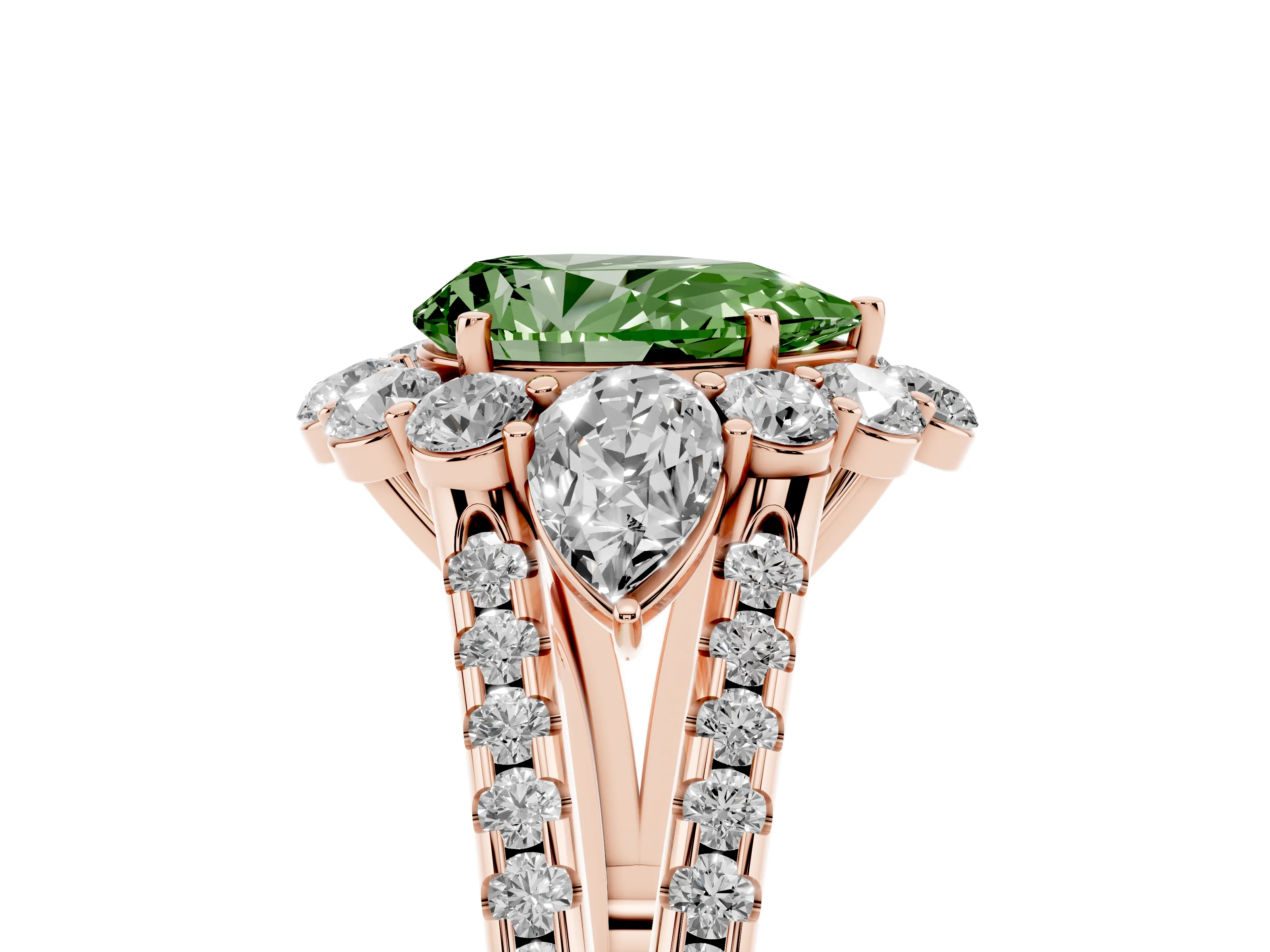 Fancy Green Pear Cut Diamond Halo Split Shank Engagement Ring Set in Rose gold with Prong-Held Center Stone