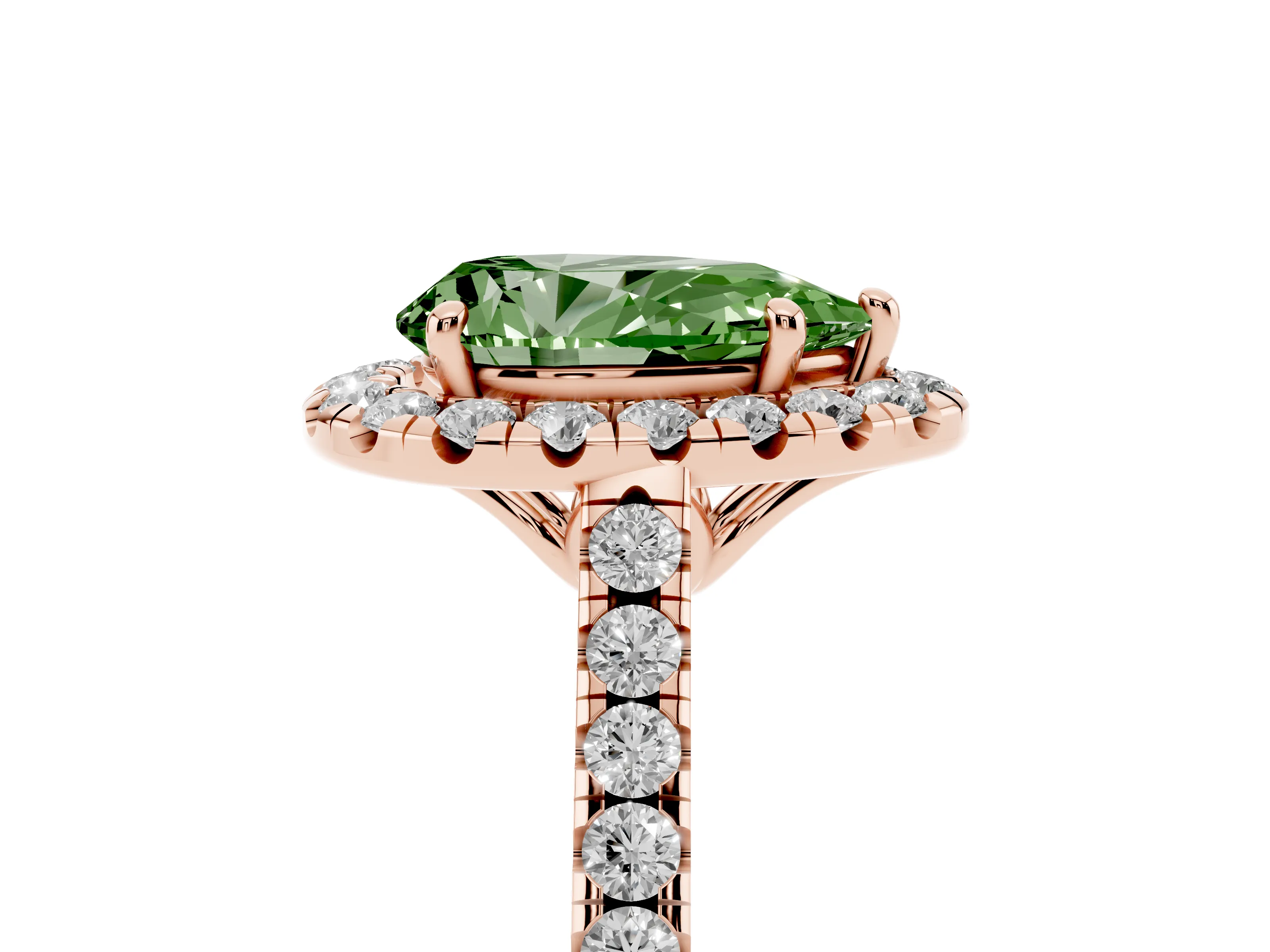 Fancy Green Pear Cut Diamond Pavé Halo Engagement Ring Set in Rose gold with Pavé Band and Prong Setting