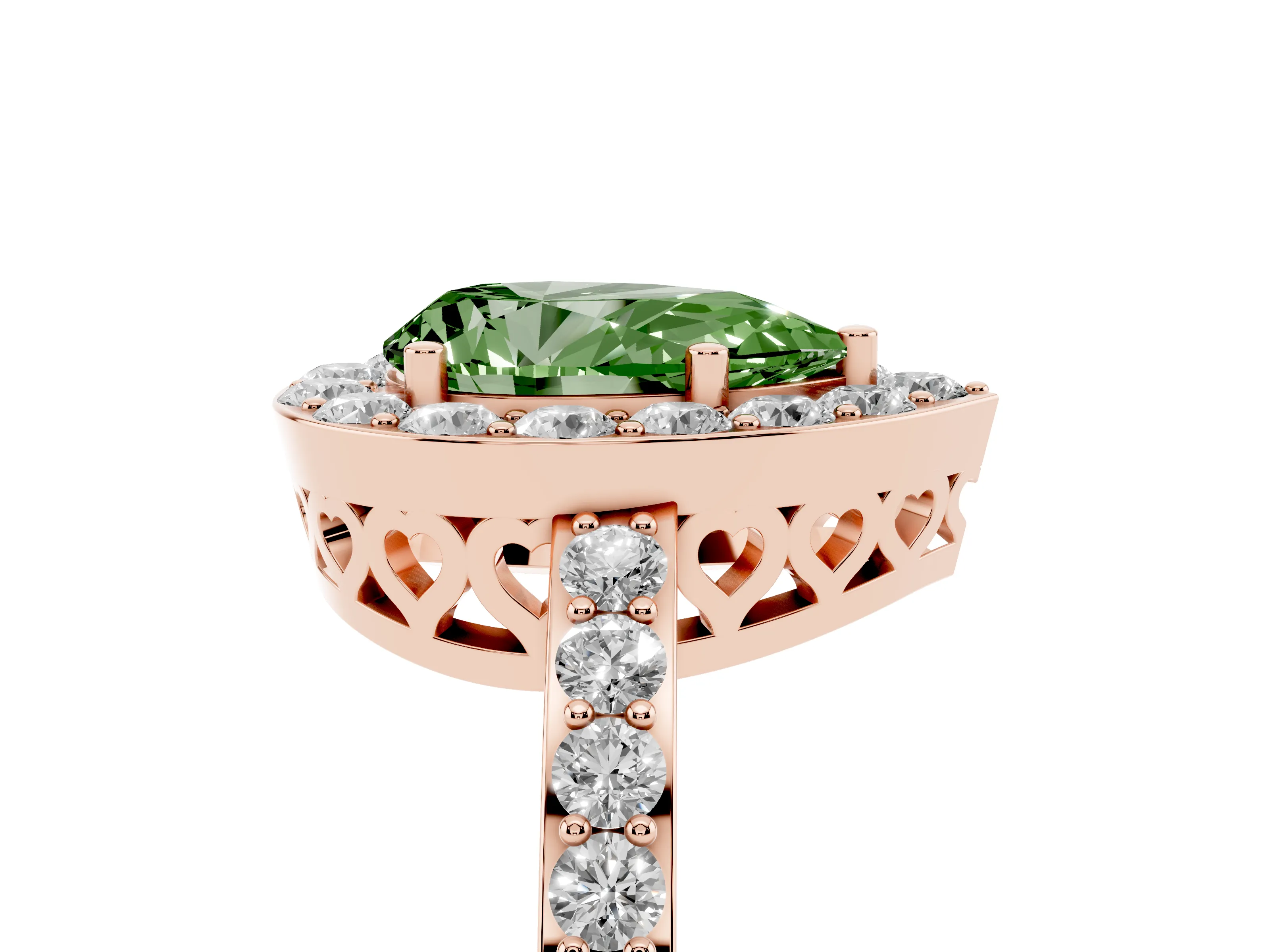 Fancy Green Pear Cut Diamond Halo Ring Set in Rose gold with Pavé-Setting Band and Open Prong Center