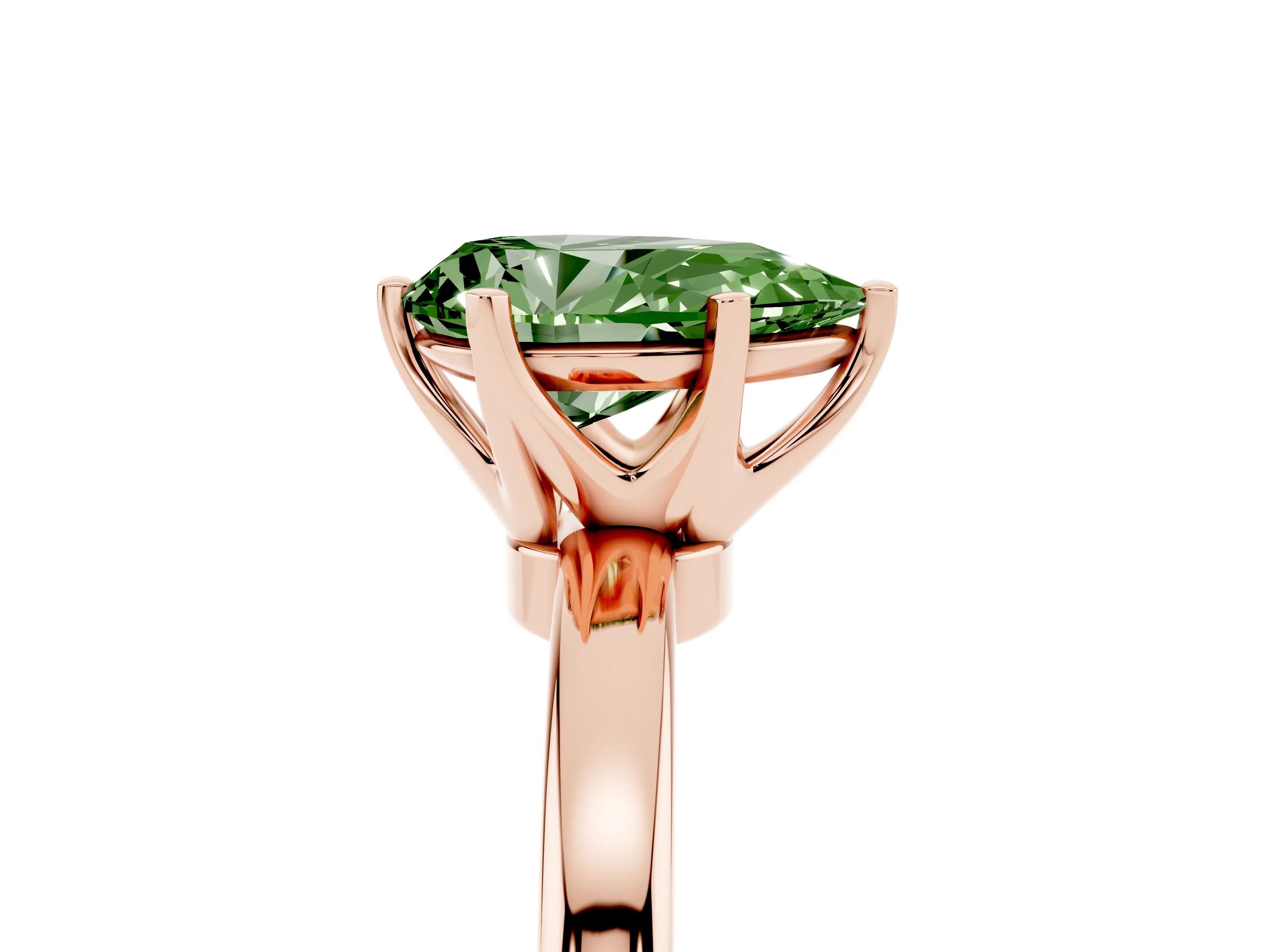 Fancy Green Pear Cut Diamond Solitaire Ring Set in Rose gold with Raised Prong Setting on a Classic Band