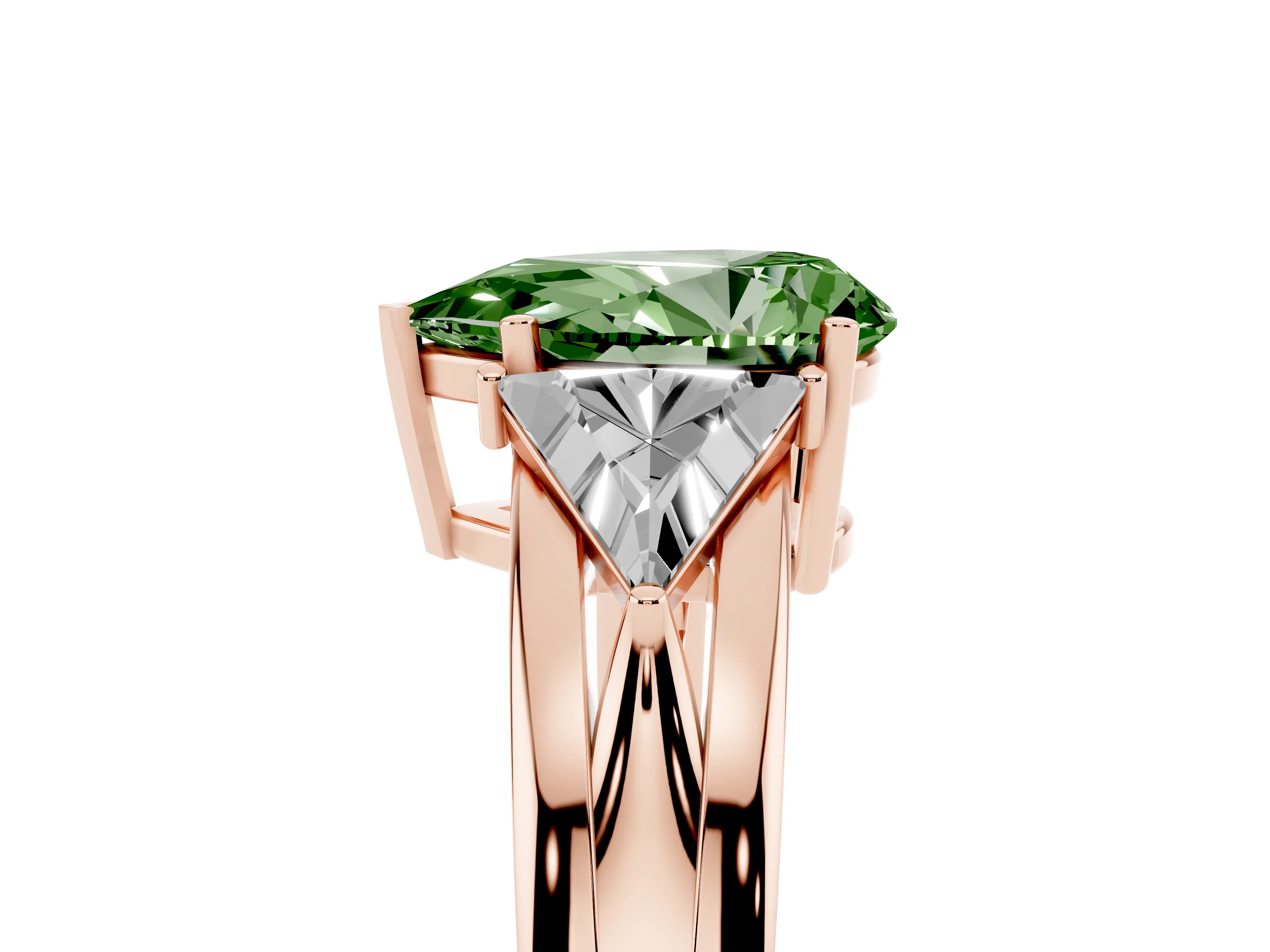 Fancy Green Pear Cut Diamond Three-Stone Ring Set in Rose gold with Trillion Side Stones and Split Shank