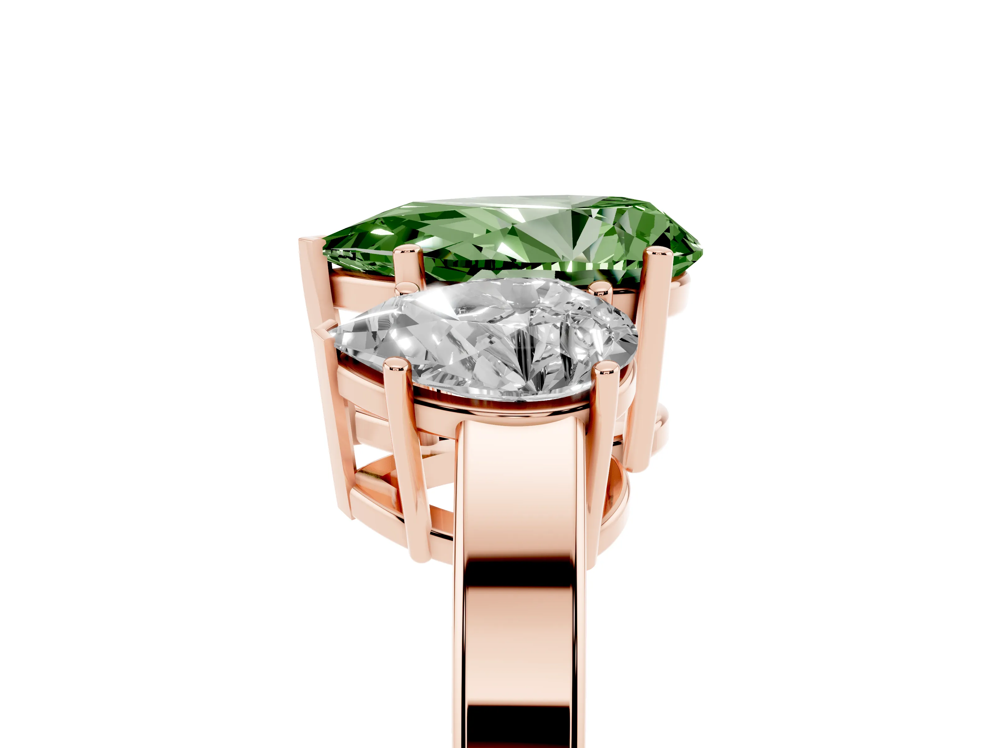 Fancy Green Pear Cut Diamond Three-Stone Engagement Ring Set in Rose gold with Flat Band
