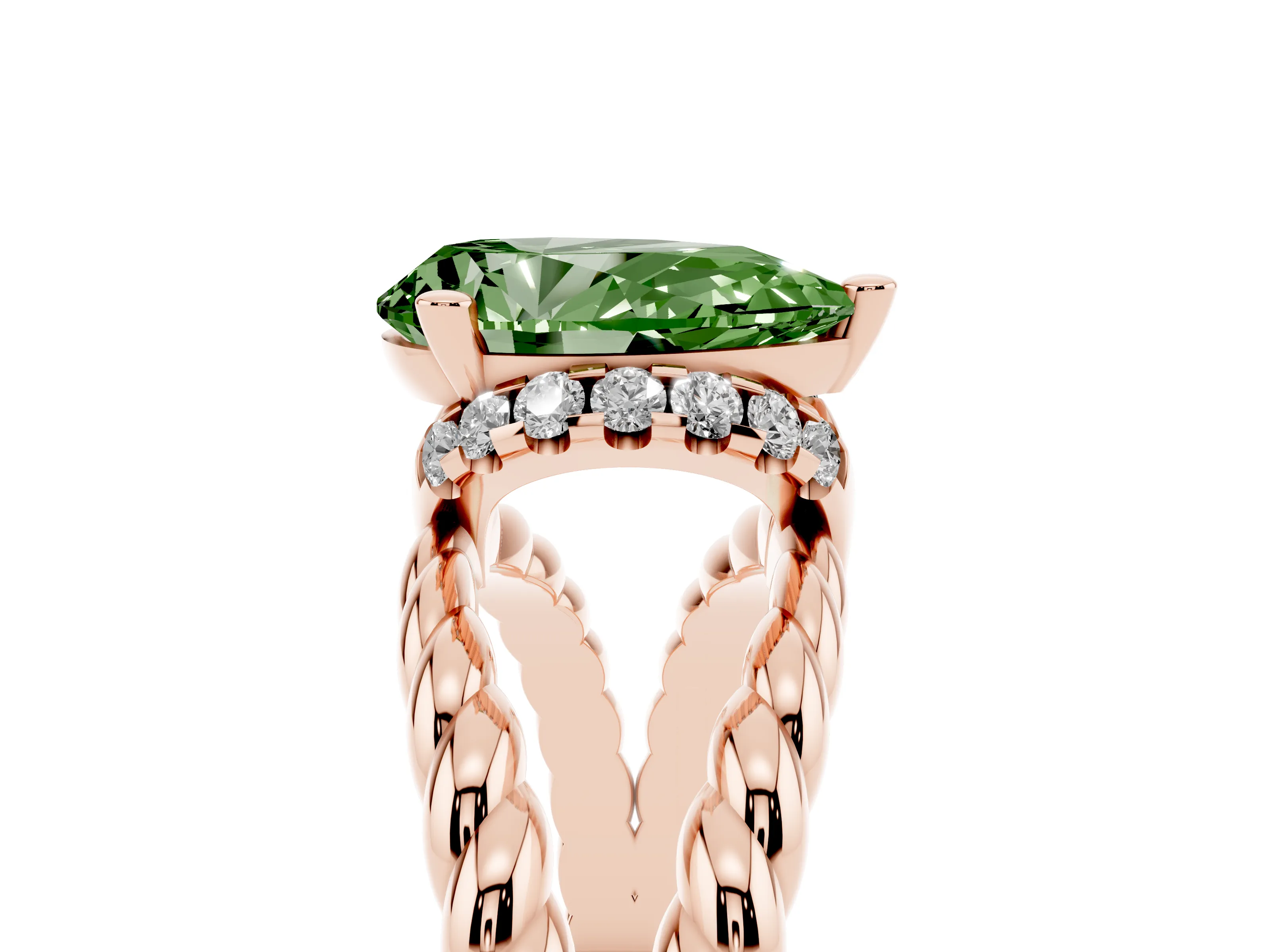 Fancy Green Pear Cut Diamond Halo Ring Set in Rose gold with Twisted Band and Prong Setting