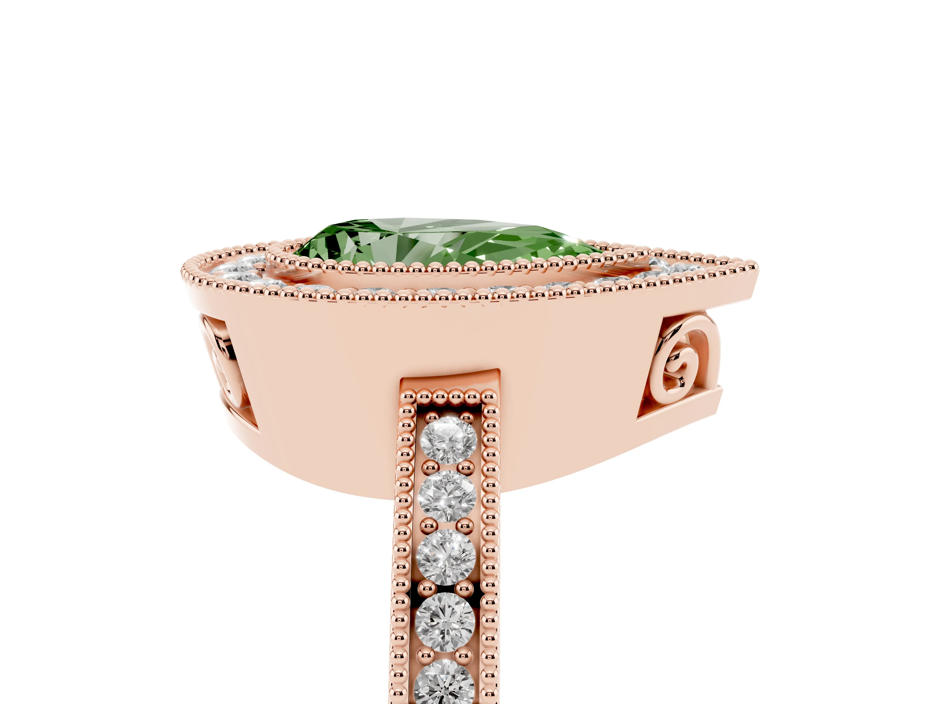 Fancy Green Pear Cut Diamond Halo Ring Set in Rose gold with Pavé Band and Milgrain-Edged Prongs