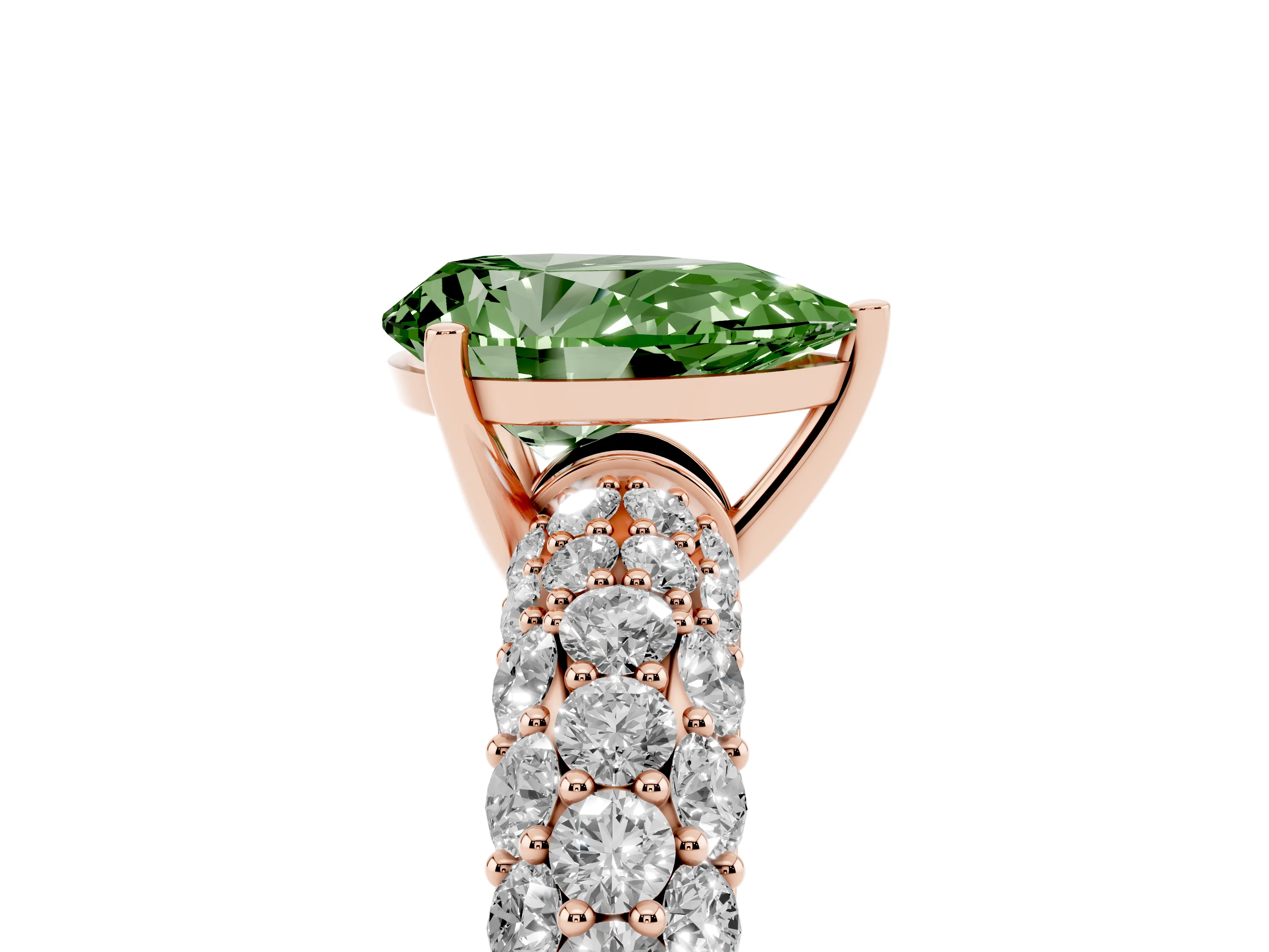 Fancy Green Pear Cut Diamond Pavé Band Solitaire Ring Set in Rose gold with Close-Set Accent Stones and Prong Setting