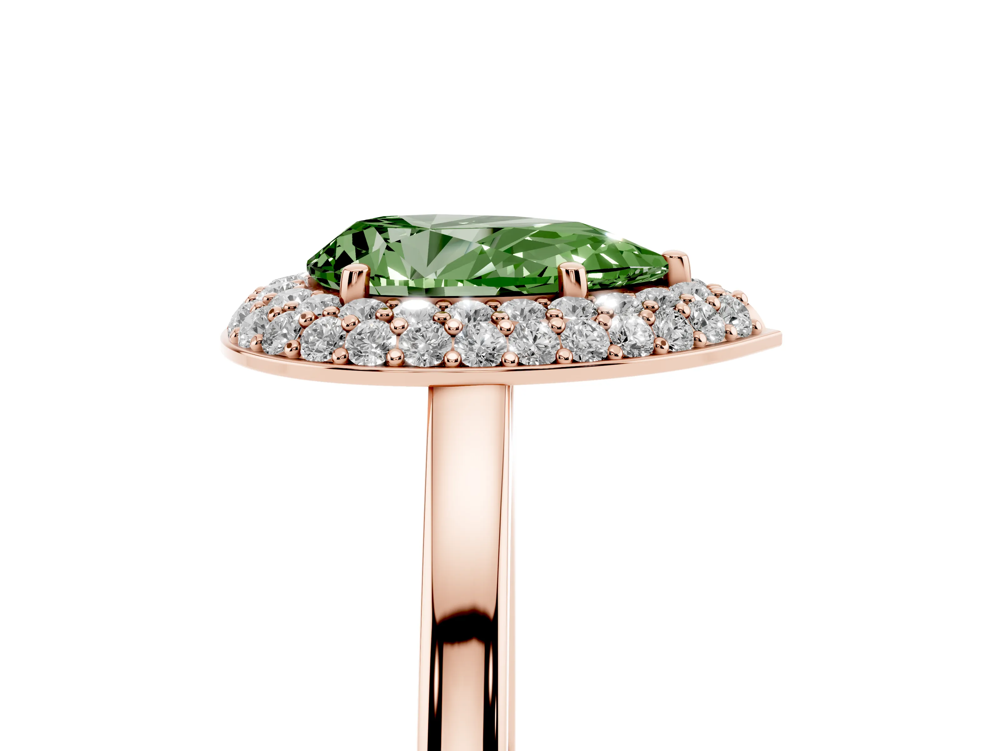 Fancy Green Pear Cut Diamond Halo Engagement Ring Set in Rose gold with Solitaire Band and Prong Setting