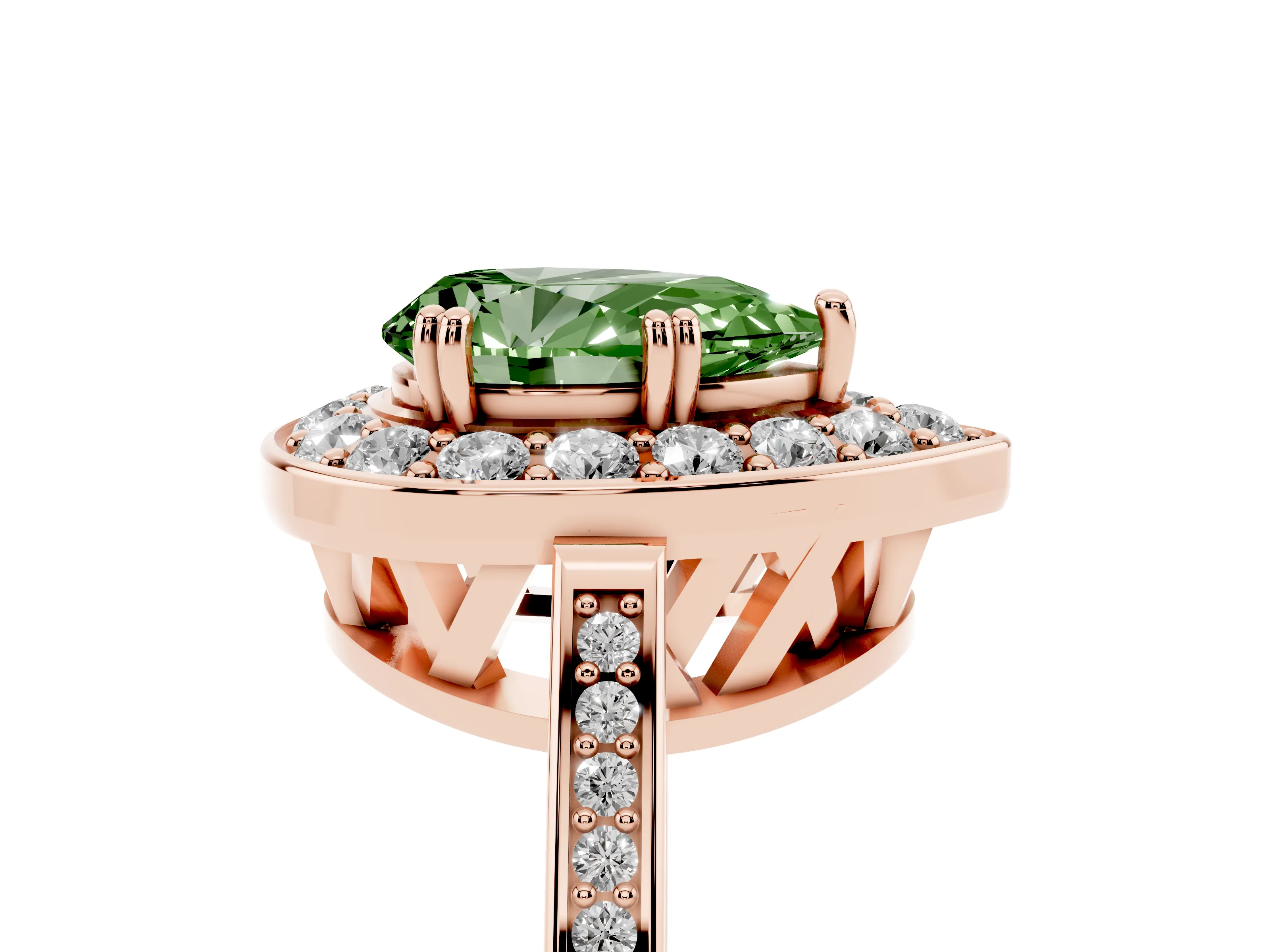 Fancy Green Pear Cut Diamond Halo Ring Set in Rose gold with Accent-Lined Split Shank and Prong Setting