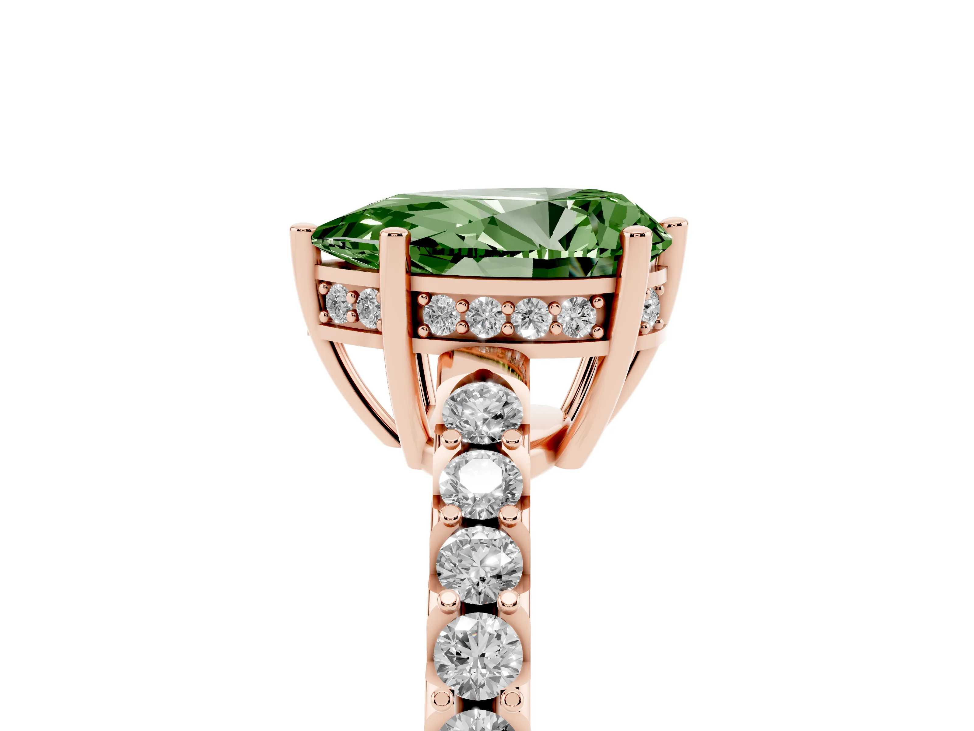 Fancy Green Pear Cut Diamond Solitaire Engagement Ring Set in Rose gold with Pavé Band and Prong Setting