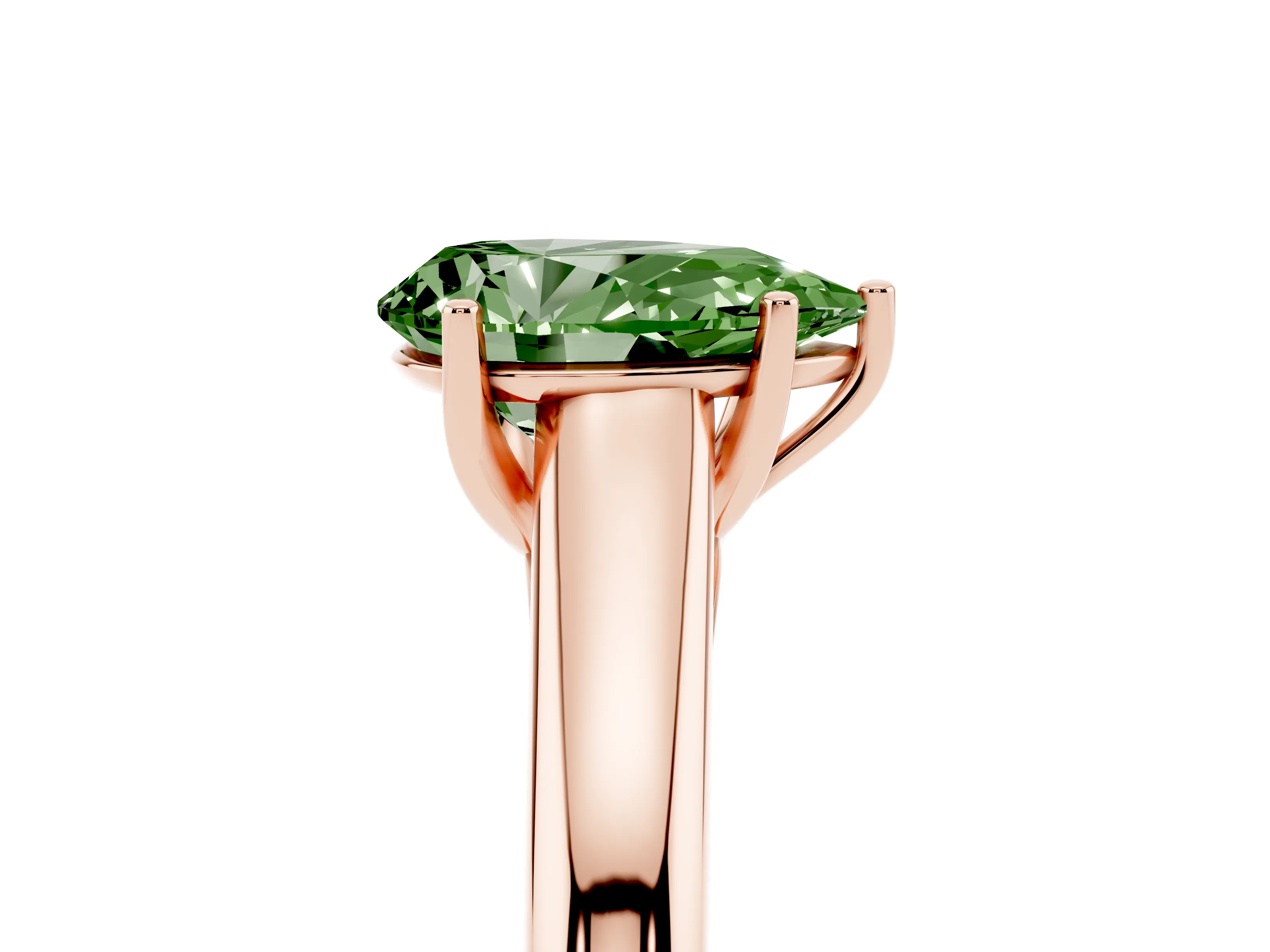 Fancy Green Pear Cut Diamond Solitaire Engagement Ring Set in Rose gold with Subtly Tapered Band and Prong Setting