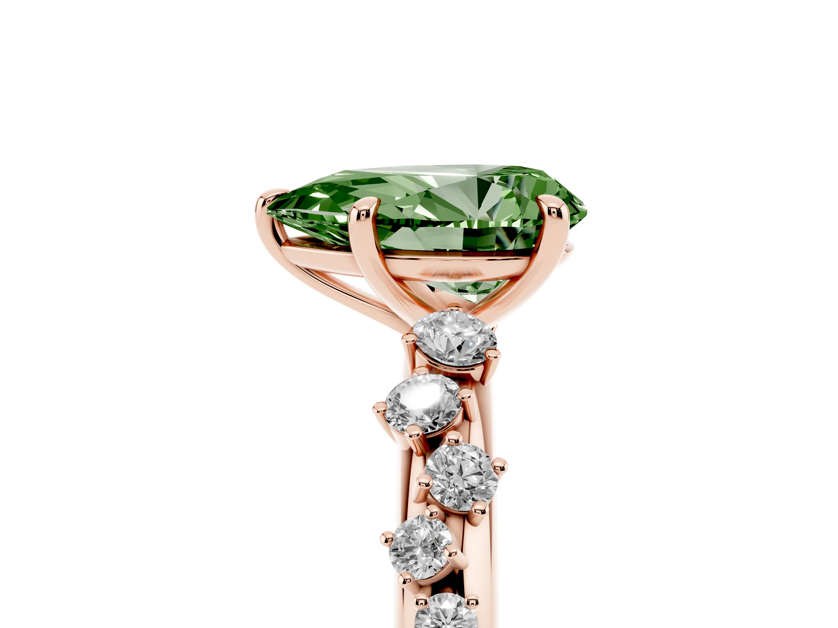 Fancy Green Pear Cut Diamond Cluster Solitaire Ring Set in Rose gold with Prong Setting