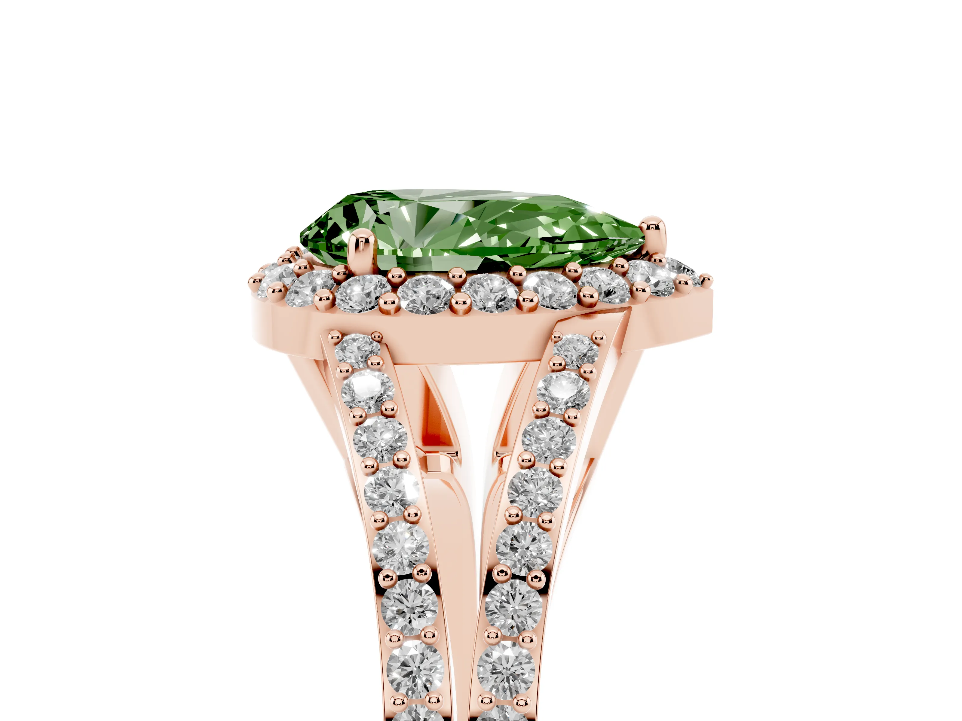 Fancy Green Pear Cut Diamond Halo Split Shank Pavé Ring Set in Rose gold with Prong Setting