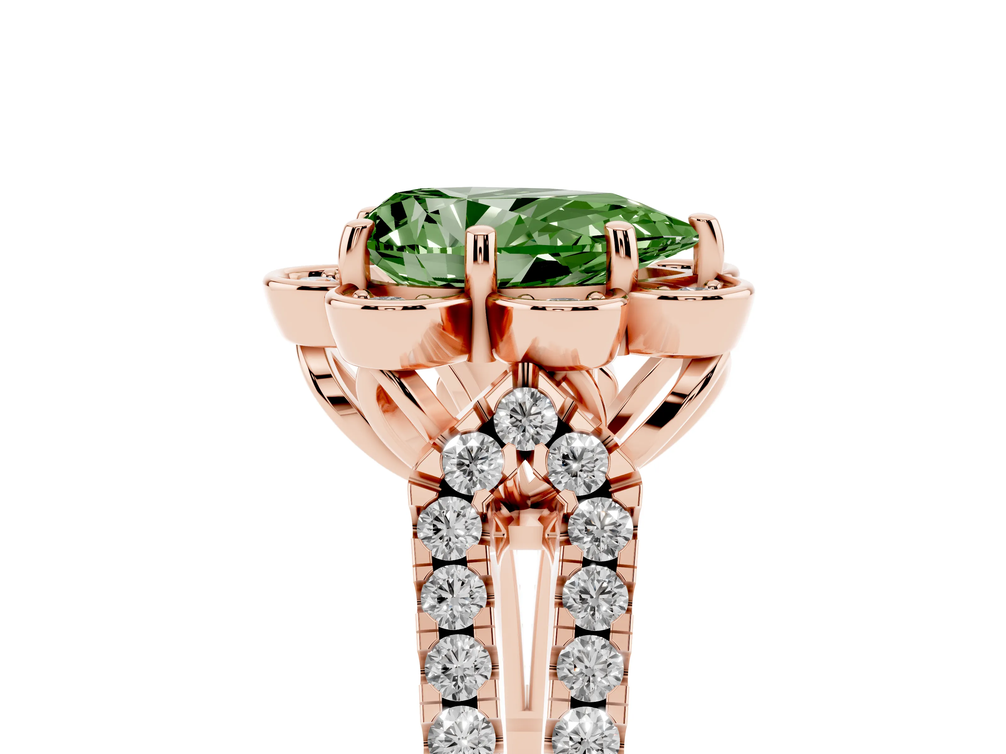 Fancy Green Pear Cut Diamond Floral Halo Split Shank Engagement Ring Set in Rose gold with Pavé Shank