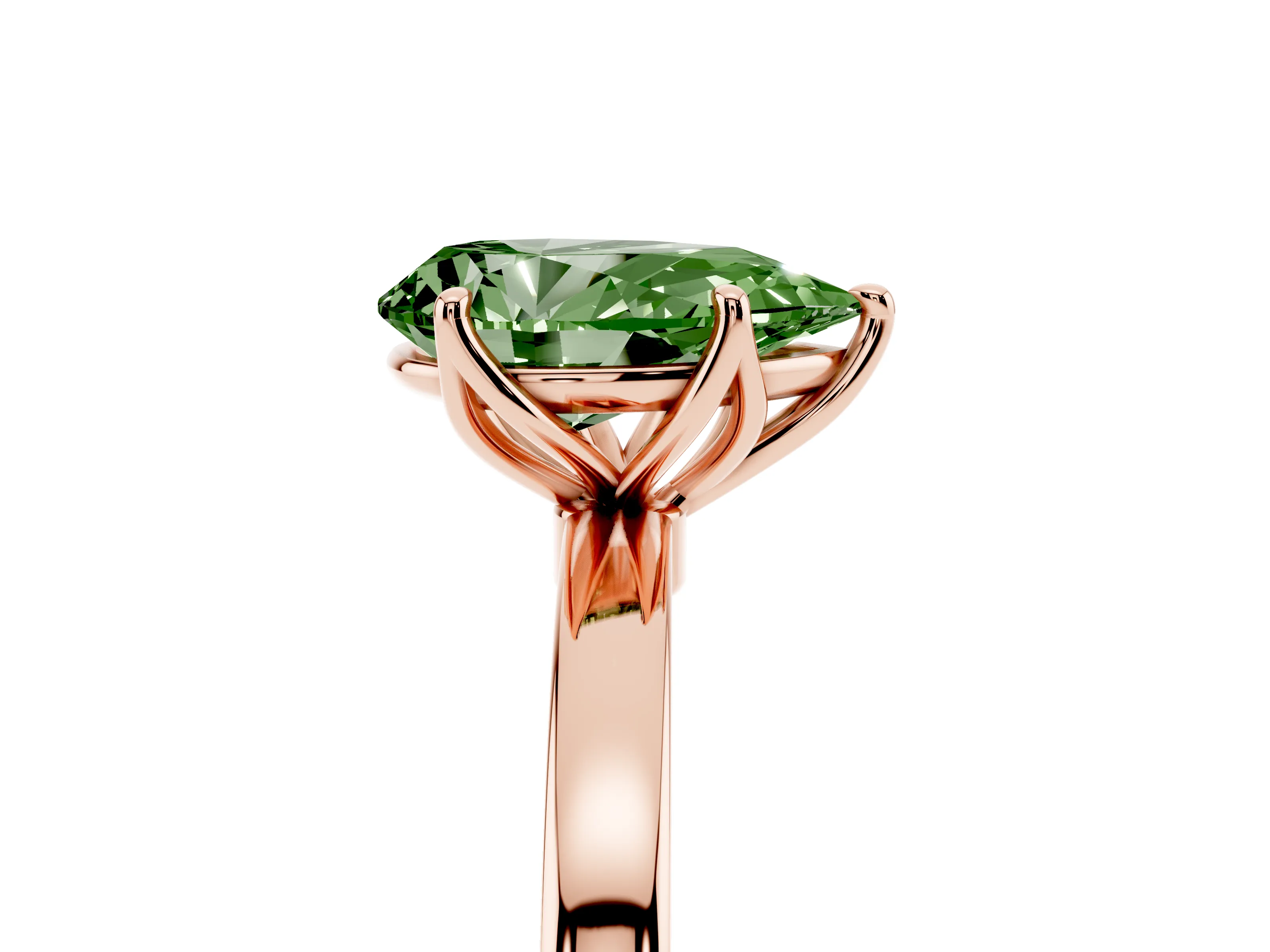 Fancy Green Pear Cut Diamond Solitaire Ring Set in Rose gold with Prong Setting and Thin Polished Band