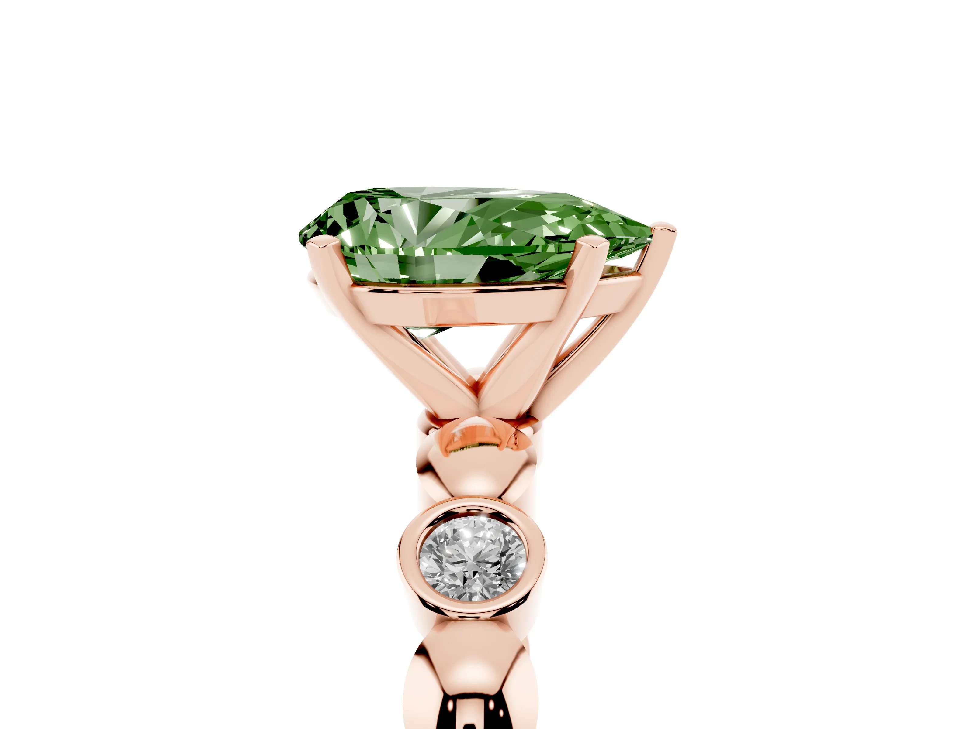 Fancy Green Pear Cut Diamond Solitaire Ring Set in Rose gold with Bezel-Set Accents on Beaded Band and Prong Setting