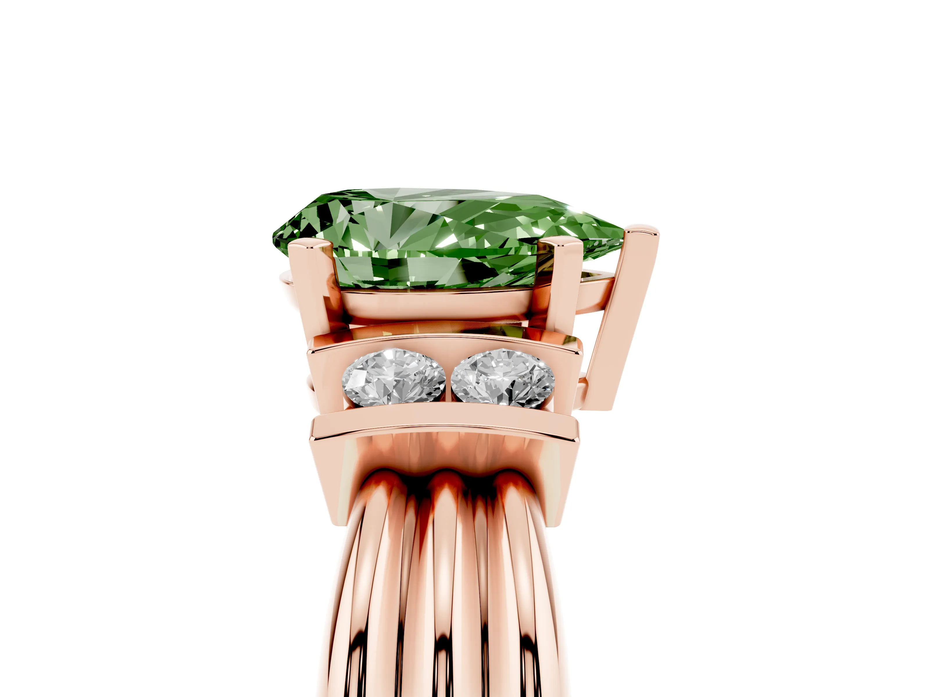 Fancy Green Three-Stone Pear Cut Diamond Channel Set Ring Set in Rose gold with Bar Prongs