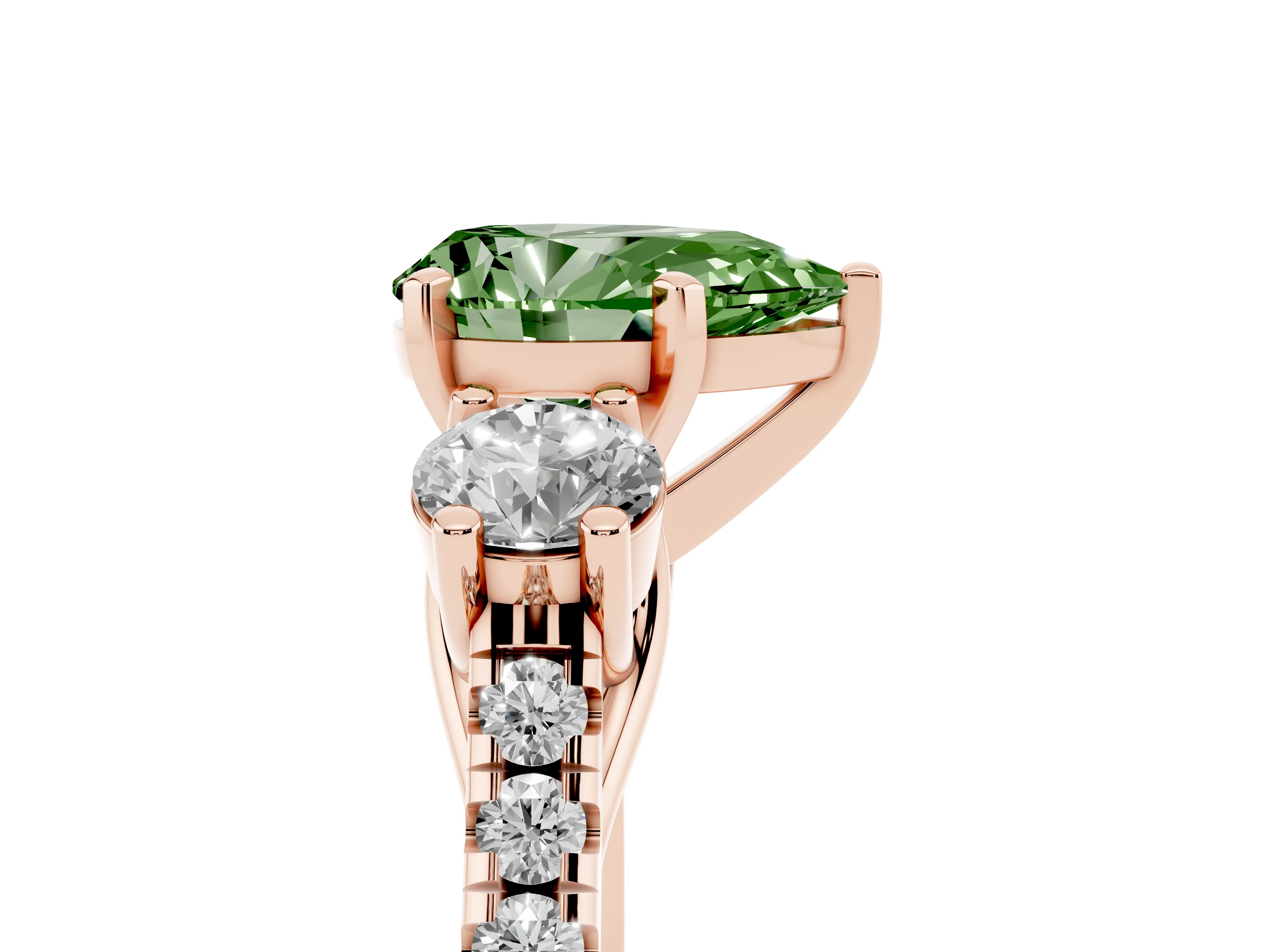 Fancy Green Three-Stone Pear Cut Diamond Pavé Band Ring Set in Rose gold with Prong-Set Trio