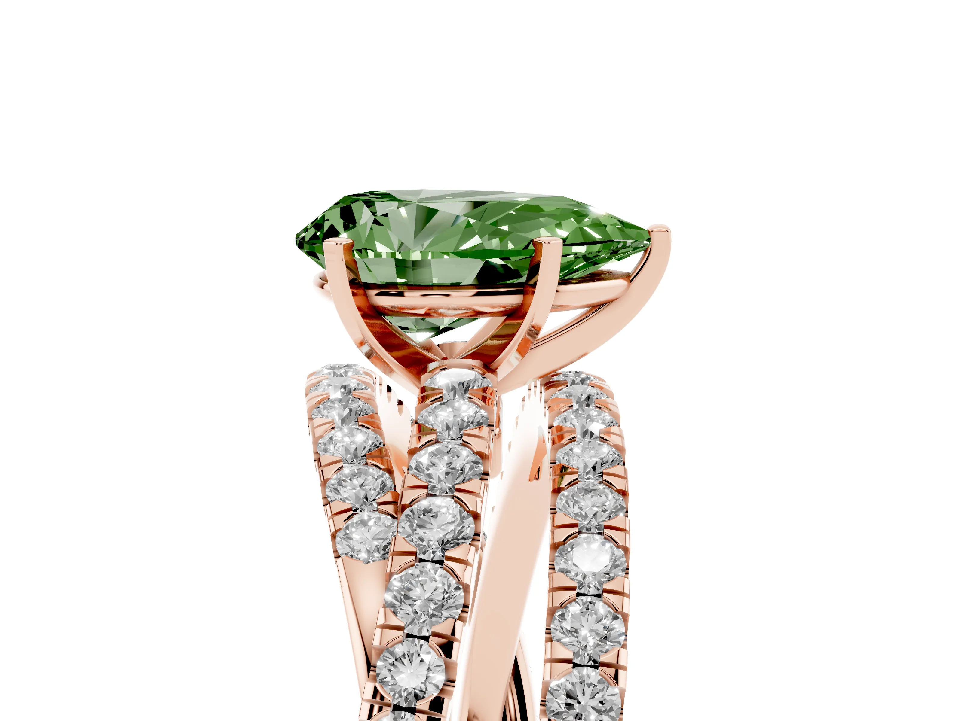 Fancy Green Pear Cut Diamond Solitaire Twist Band Ring Set in Rose gold with Pavé Setting and Prong Head