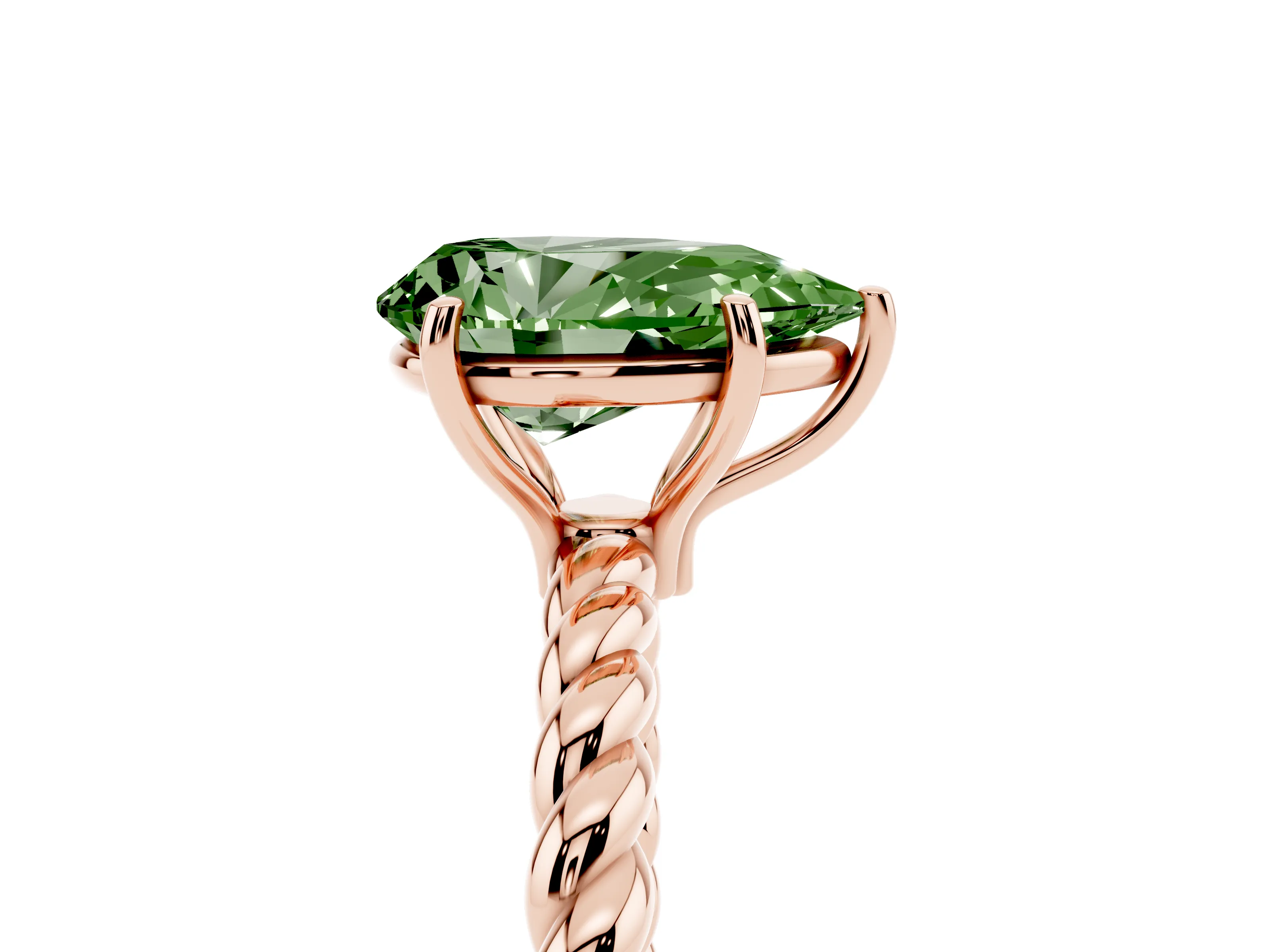 Fancy Green Pear Cut Diamond Solitaire Ring Set in Rose gold with Twist Band and Prong Setting