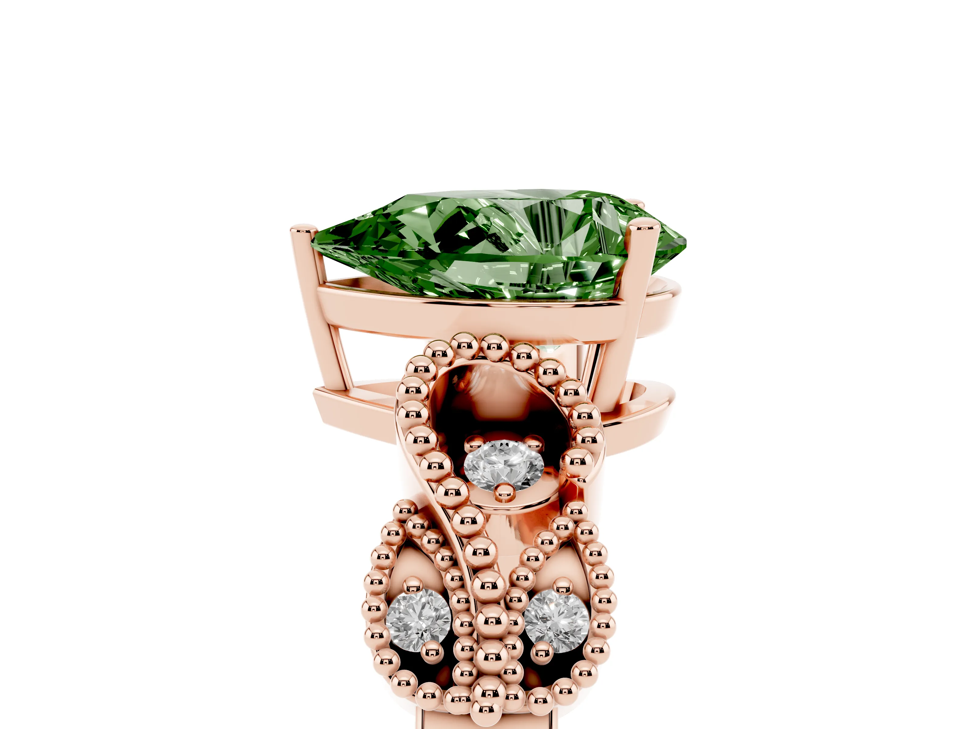 Fancy Green Pear Cut Diamond Milgrain Leaf Band Solitaire Ring Set in Rose gold with Accent Stones and Prong Setting