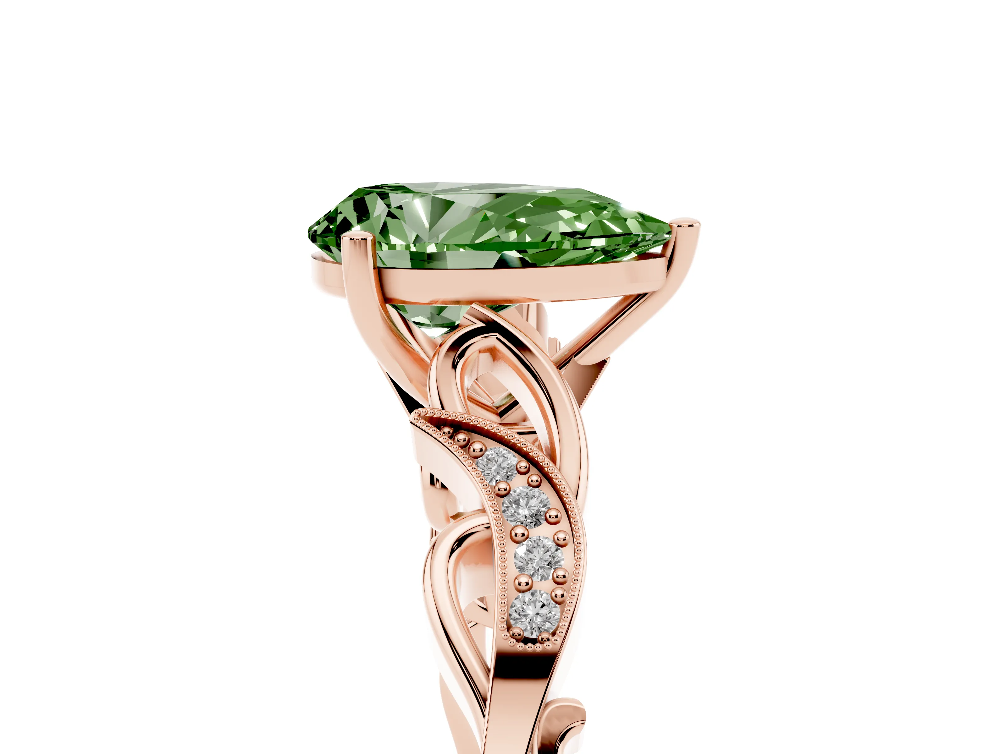 Fancy Green Pear Cut Diamond Vine Band Solitaire Ring Set in Rose gold with Milgrain Prong Setting