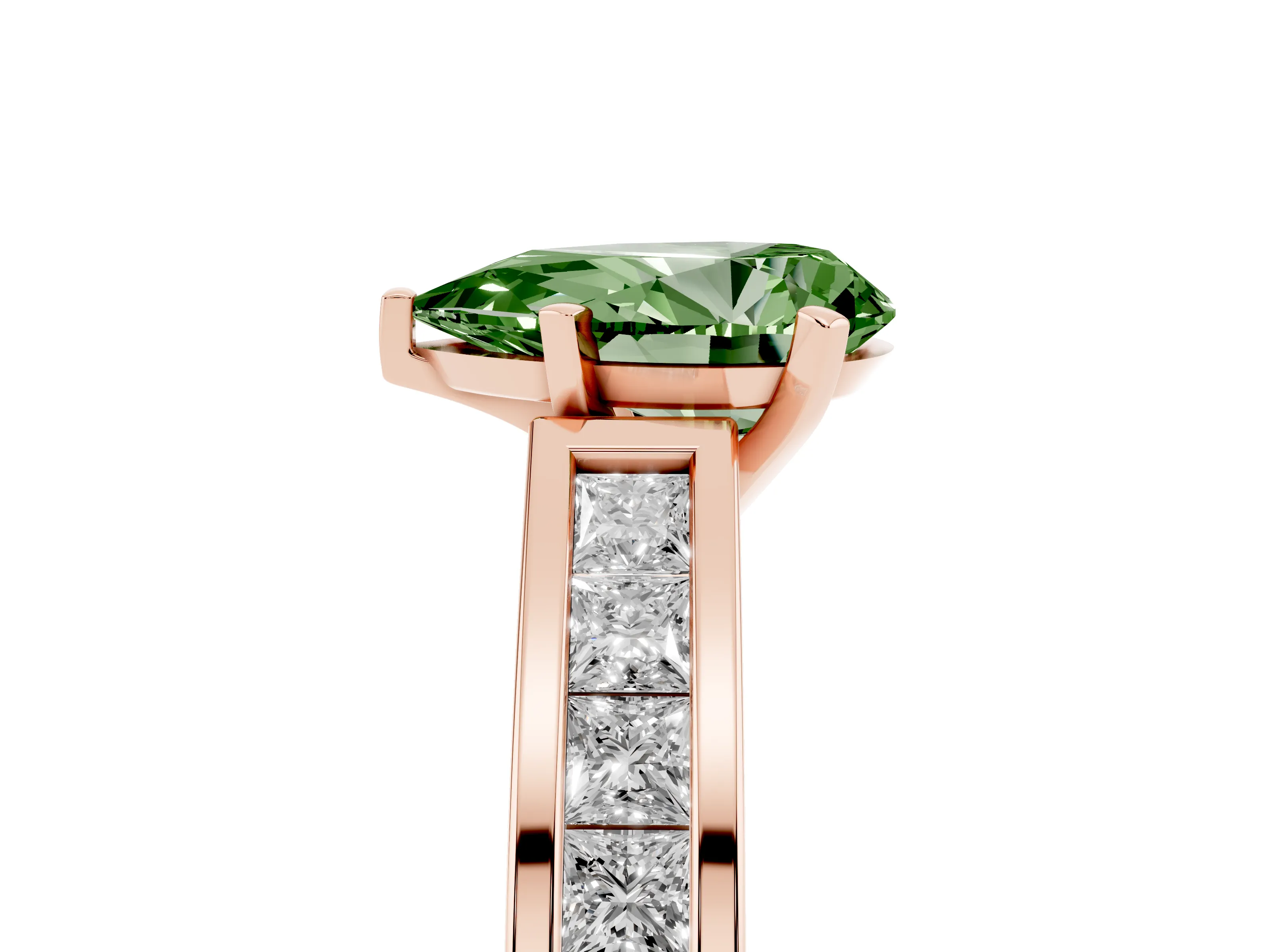 Fancy Green Pear Cut Diamond Solitaire Ring Set in Rose gold with Channel-Set Band and Prong Setting