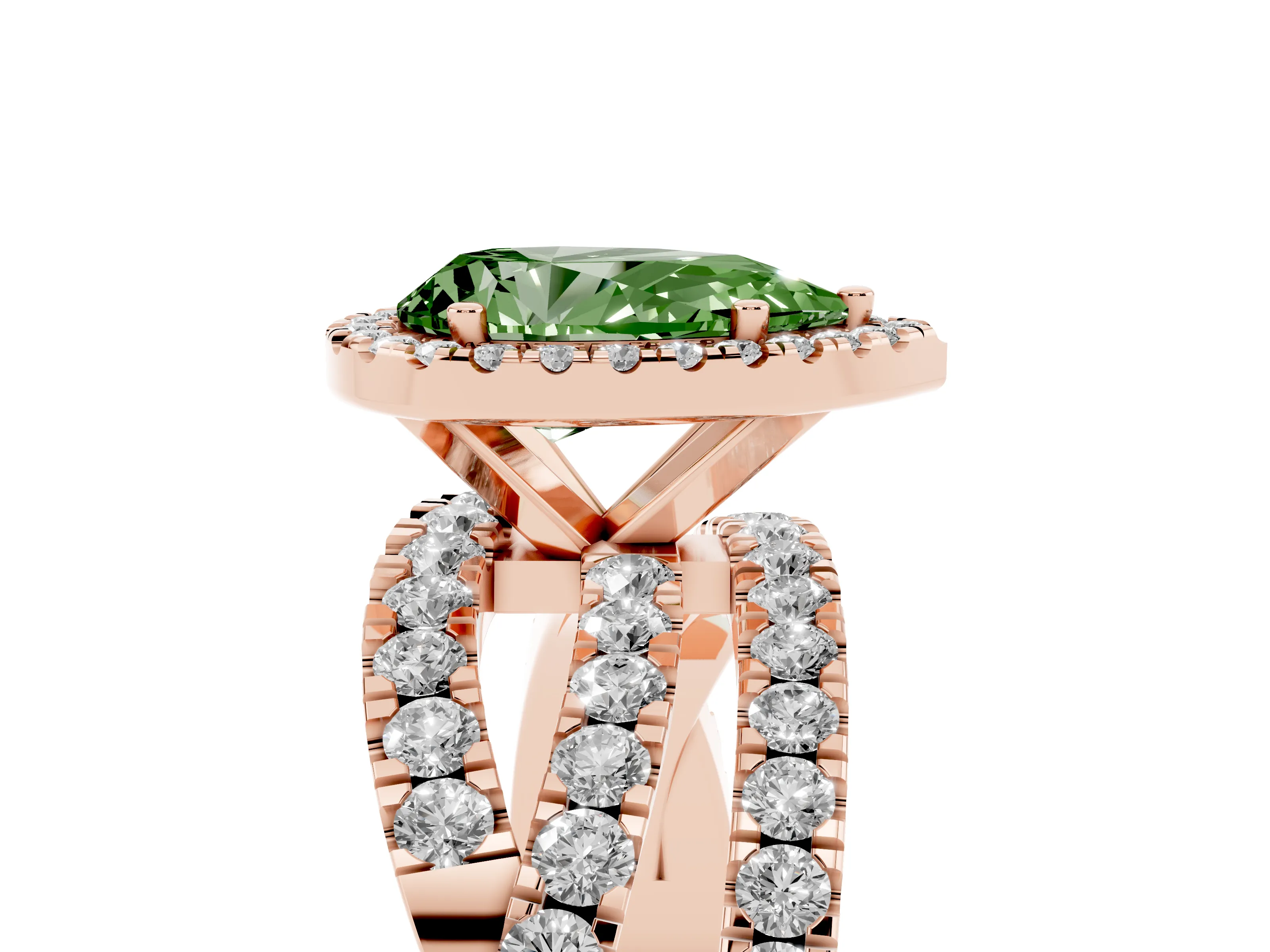 Fancy Green Pear Cut Diamond Halo Ring Set in Rose gold with Round Crossover Split Shank and Prong Setting