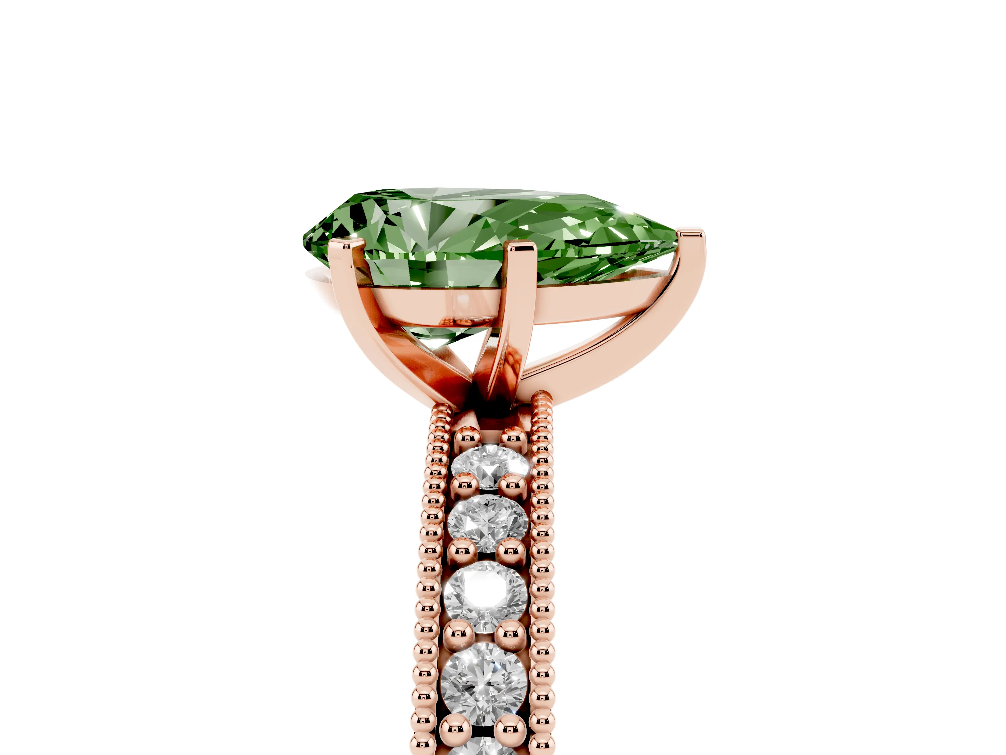 Fancy Green Pear Cut Diamond Milgrain Pavé Engagement Ring Set in Rose gold with Prong Setting