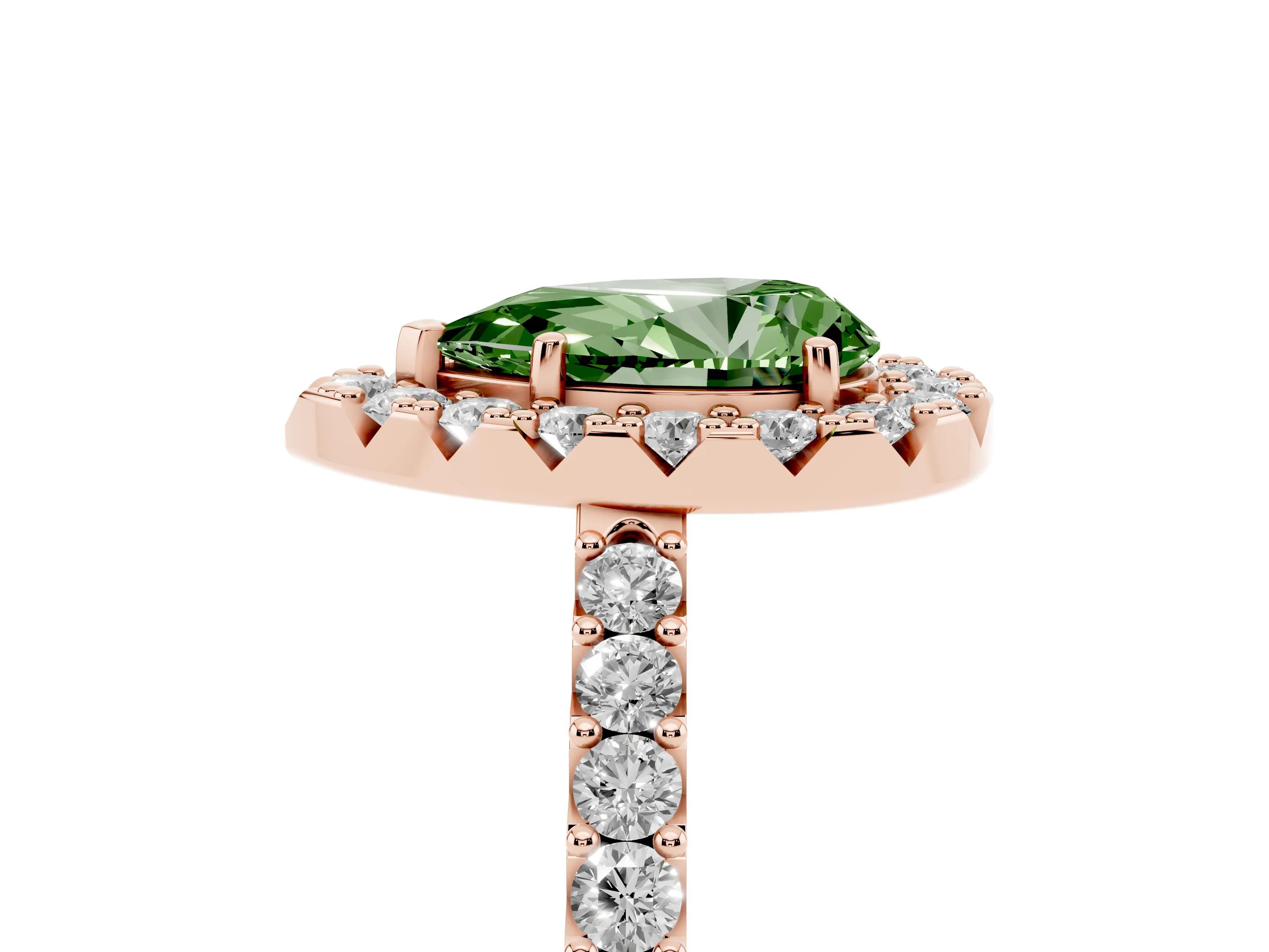 Fancy Green Pear Cut Diamond Halo Pavé Solitaire Ring Set in Rose gold with Prong-Set Center Stone