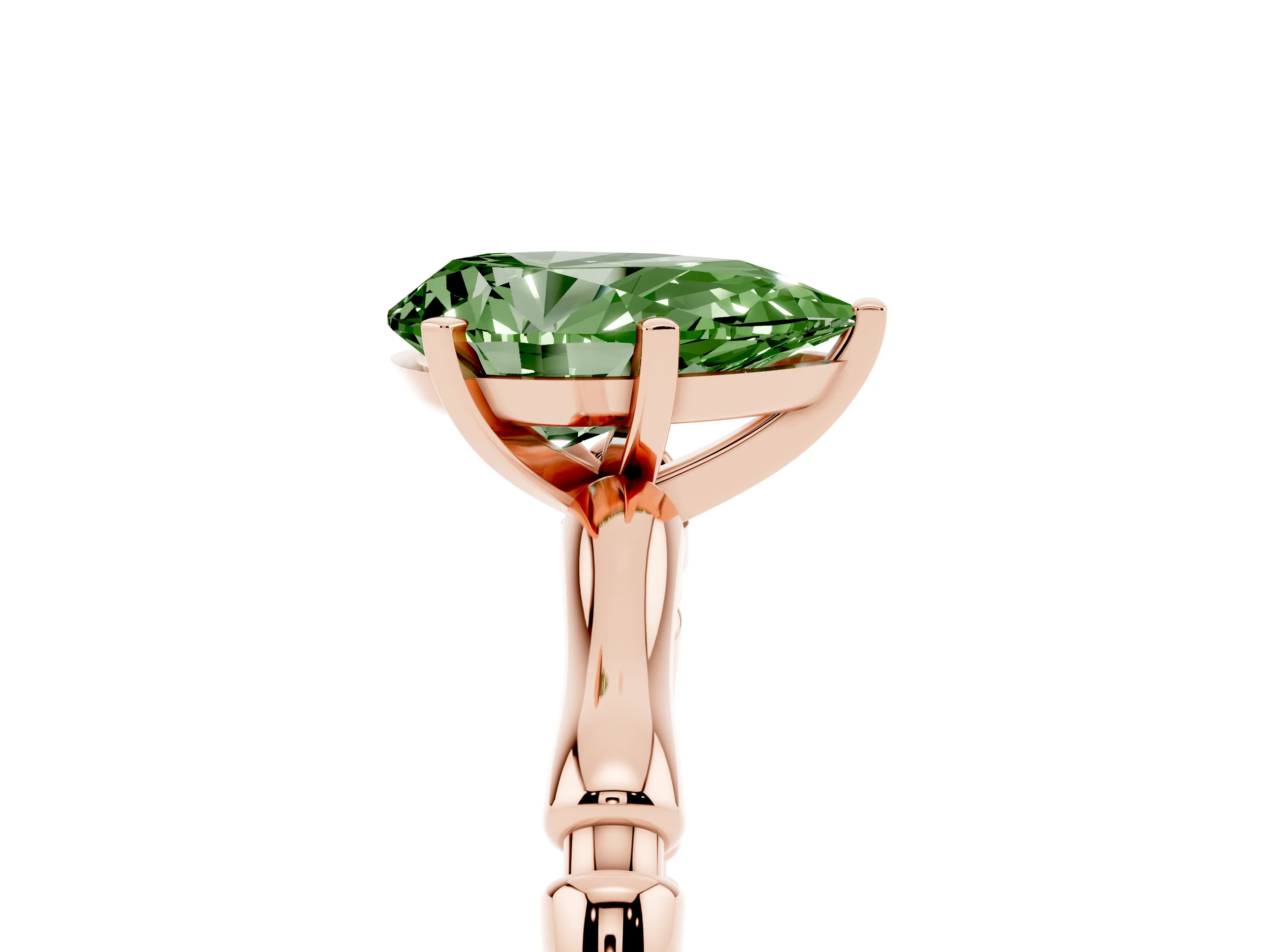 Fancy Green Pear Cut Diamond Solitaire Ring Set in Rose gold with Bamboo Band and Prong Setting