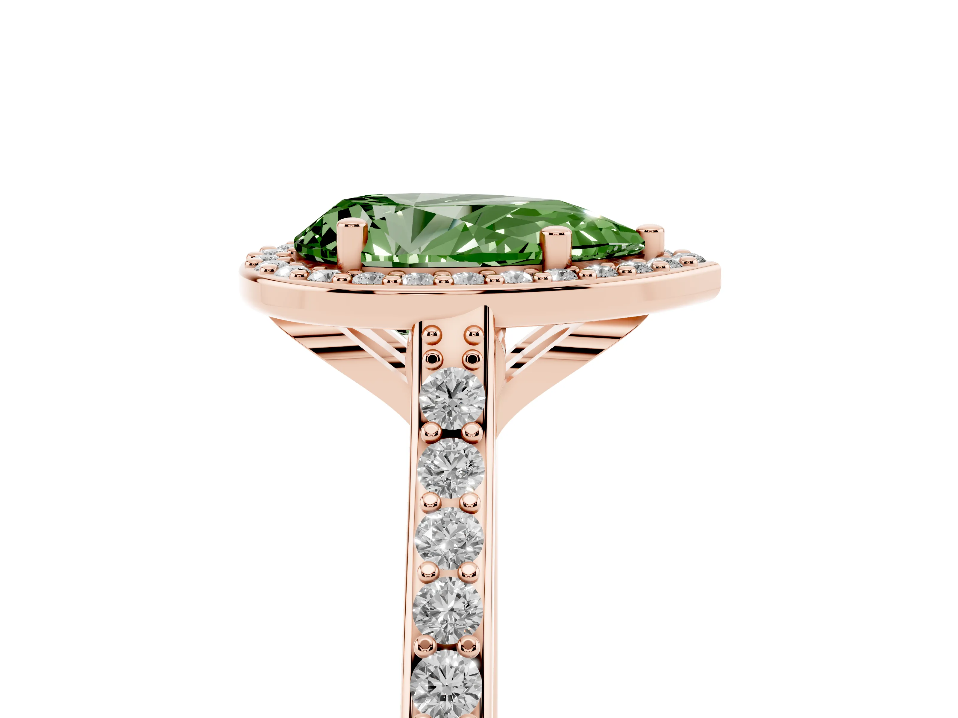 Fancy Green Pear Cut Diamond Halo Engagement Ring Set in Rose gold with Round Pavé Shoulders and Heart Gallery
