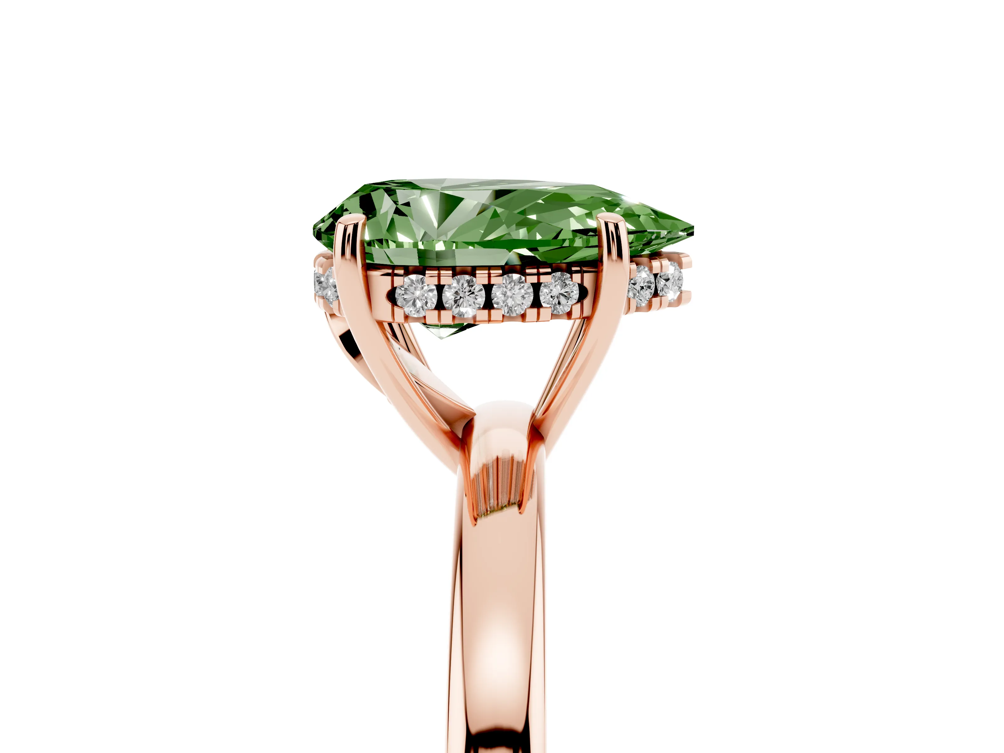 Fancy Green Pear Cut Diamond Solitaire Ring Set in Rose gold with Plain Band and Prong Setting