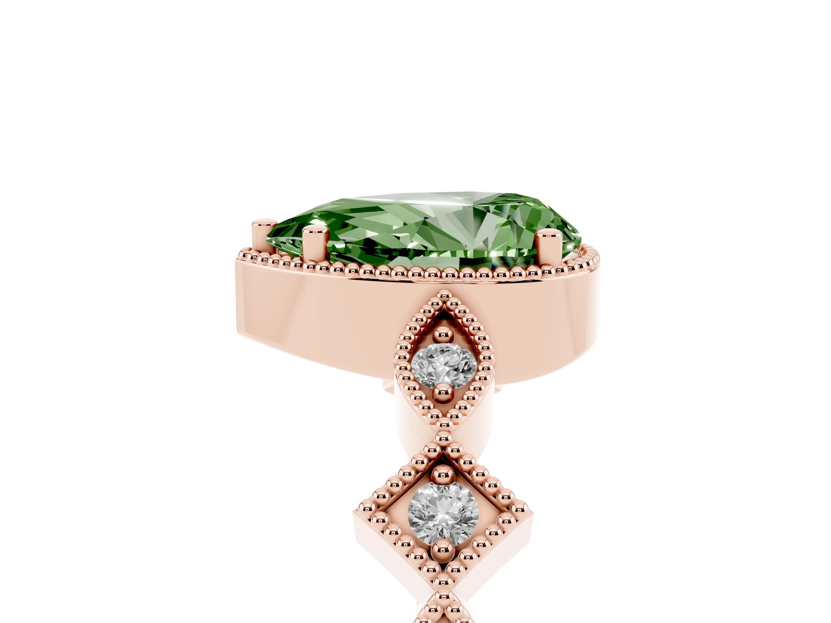 Fancy Green Pear Cut Diamond Milgrain Marquise Twist Band Ring Set in Rose gold with Prong Setting