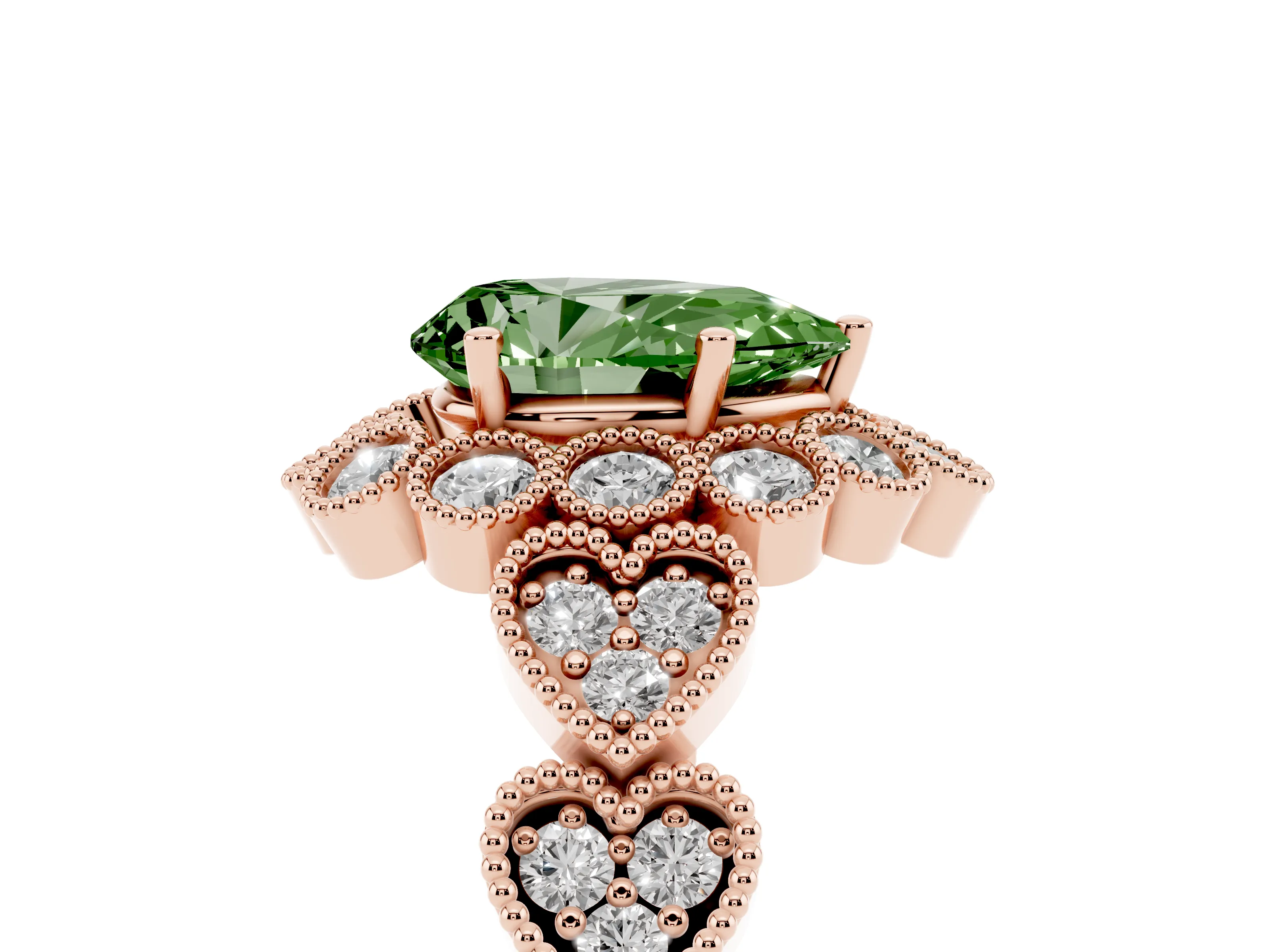 Fancy Green Pear Cut Diamond Solitaire Ring Set in Rose gold with Milgrain Pavé Heart Band