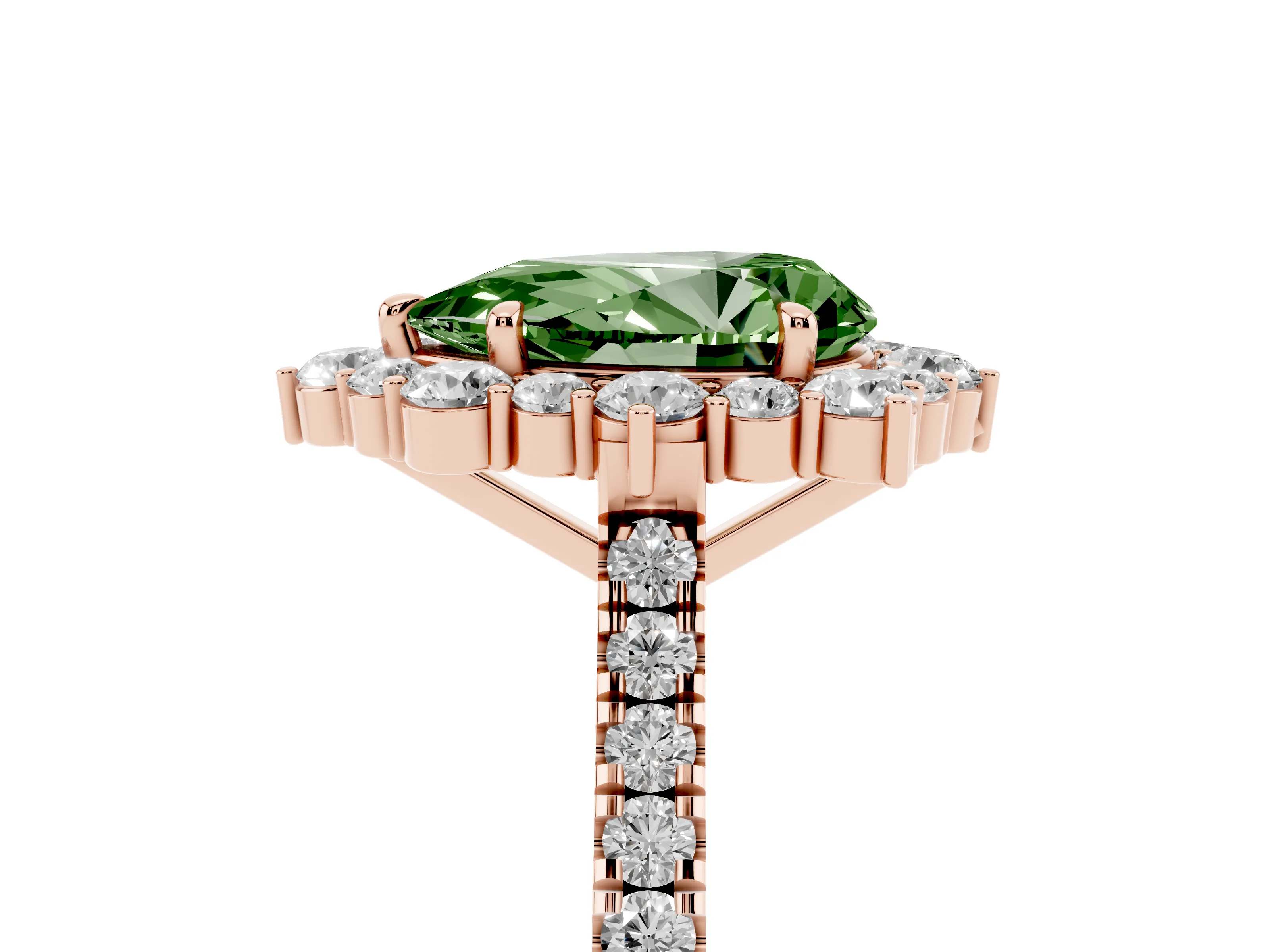 Fancy Green Pear Cut Diamond Halo Ring Set in Rose gold with Pavé Band and Prong Setting