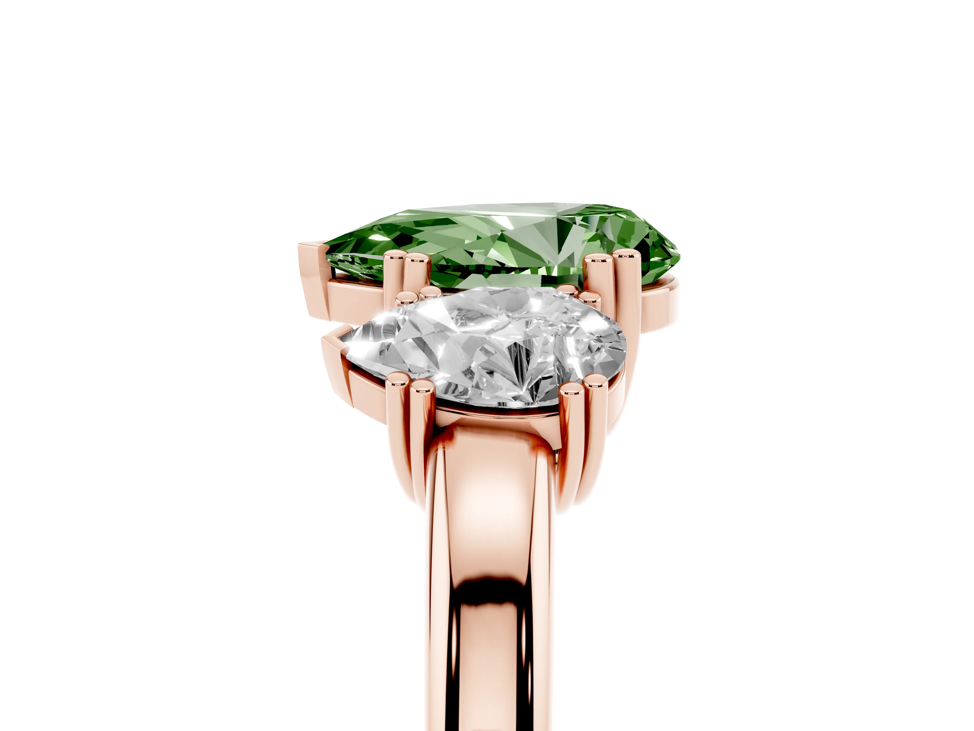 Fancy Green Pear Cut Diamond Three-Stone Ring Set in Rose gold with Polished Channel-Set Band