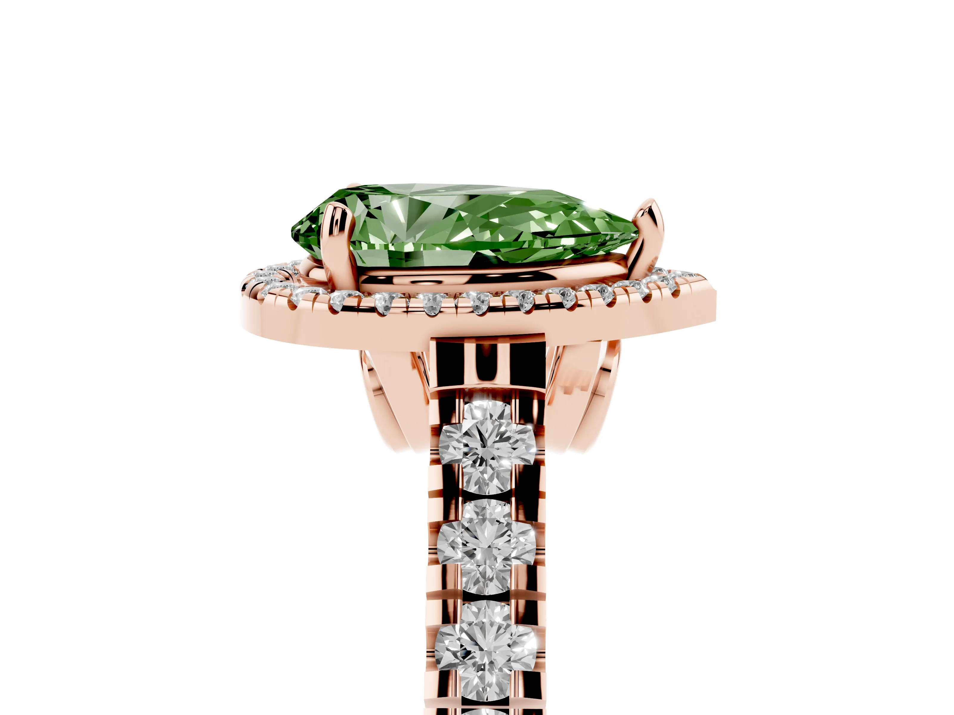 Fancy Green Pear Cut Diamond Halo Engagement Ring Set in Rose gold with Pavé Band and Prong-Set Center