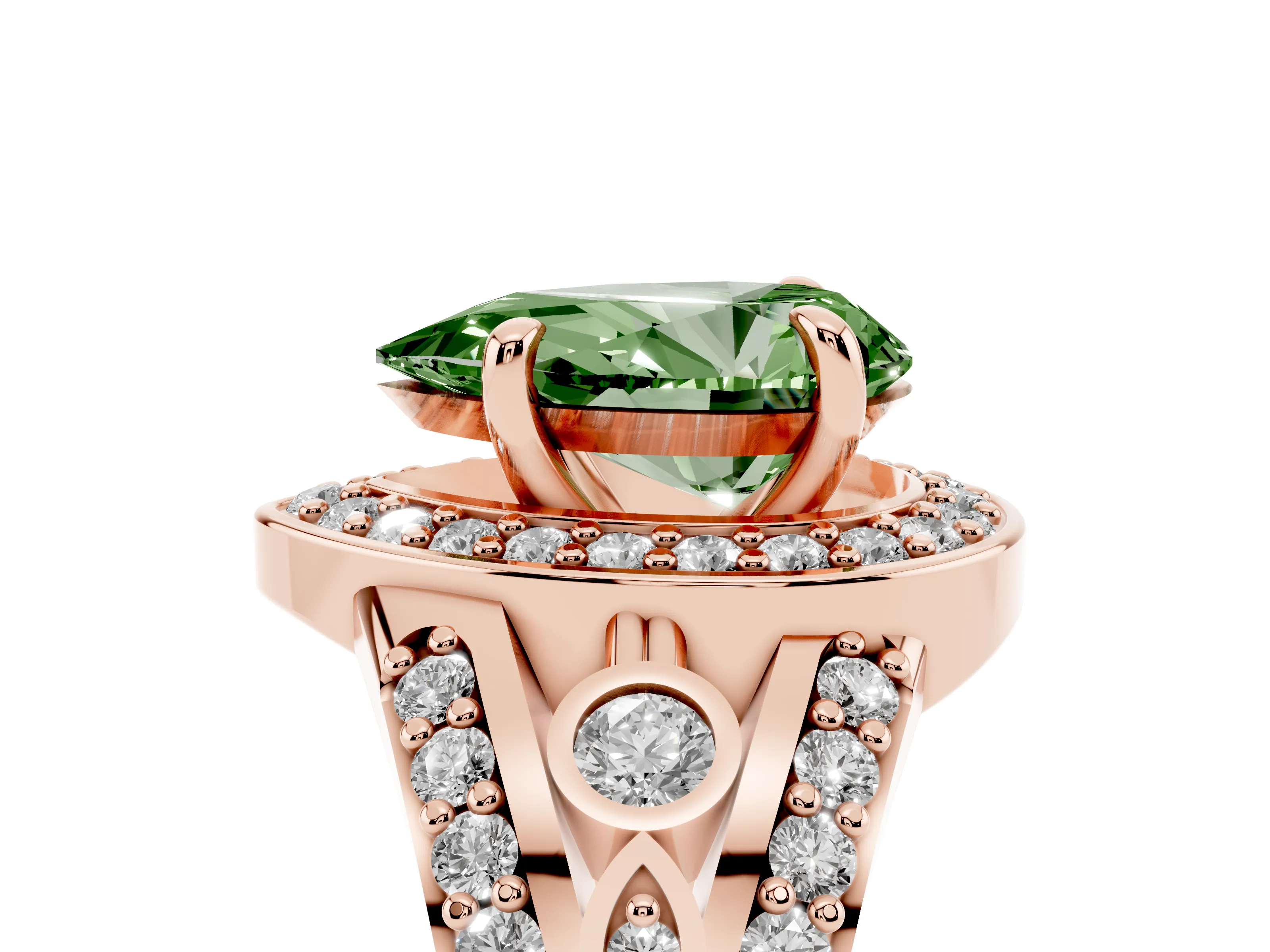 Fancy Green Pear Cut Diamond Halo Ring Set in Rose gold with Pavé Split Shank and Bezel Accents