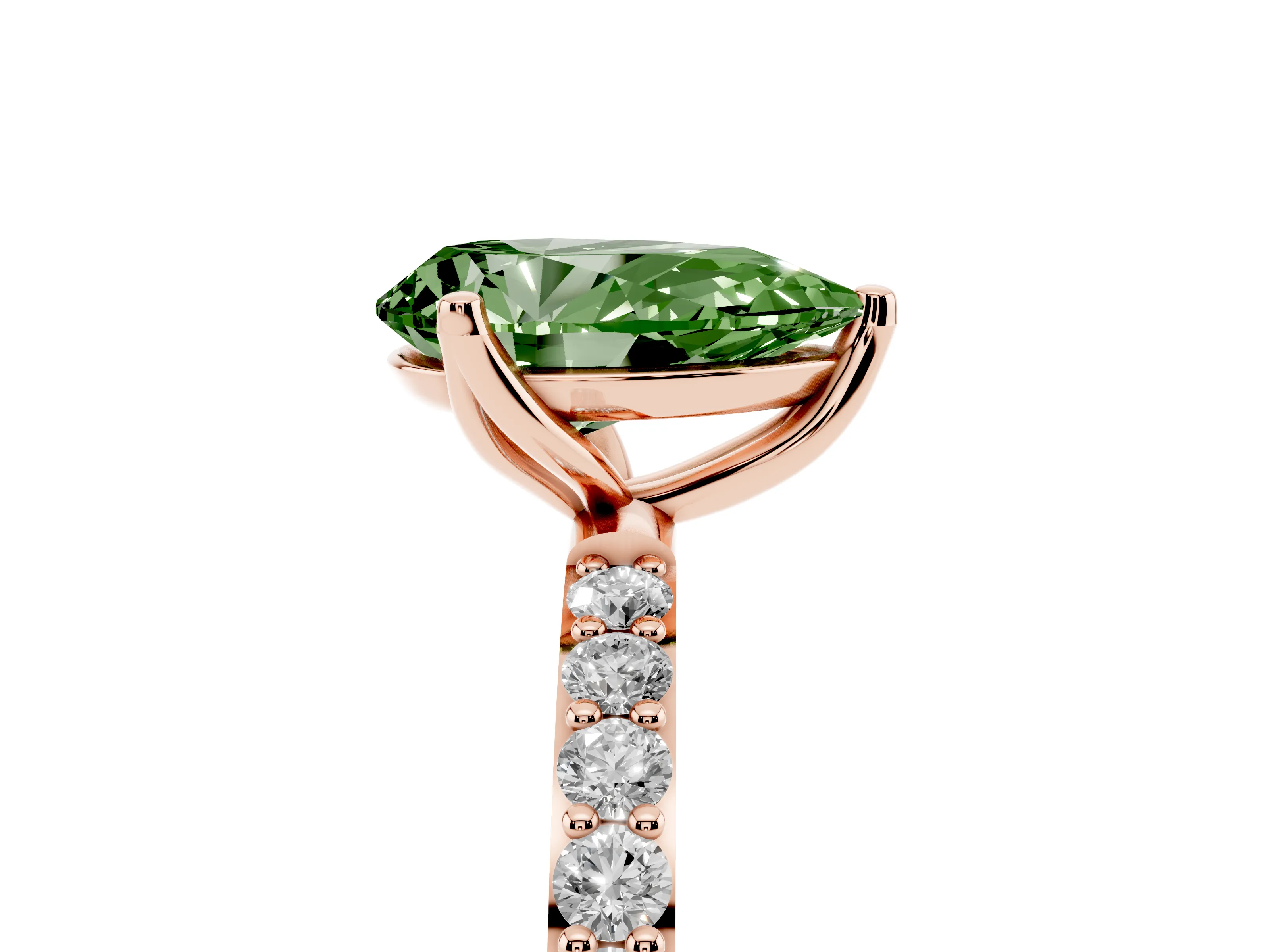 Fancy Green Pear Cut Diamond Solitaire Engagement Ring Set in Rose gold with Round Pavé Band and Prong Setting