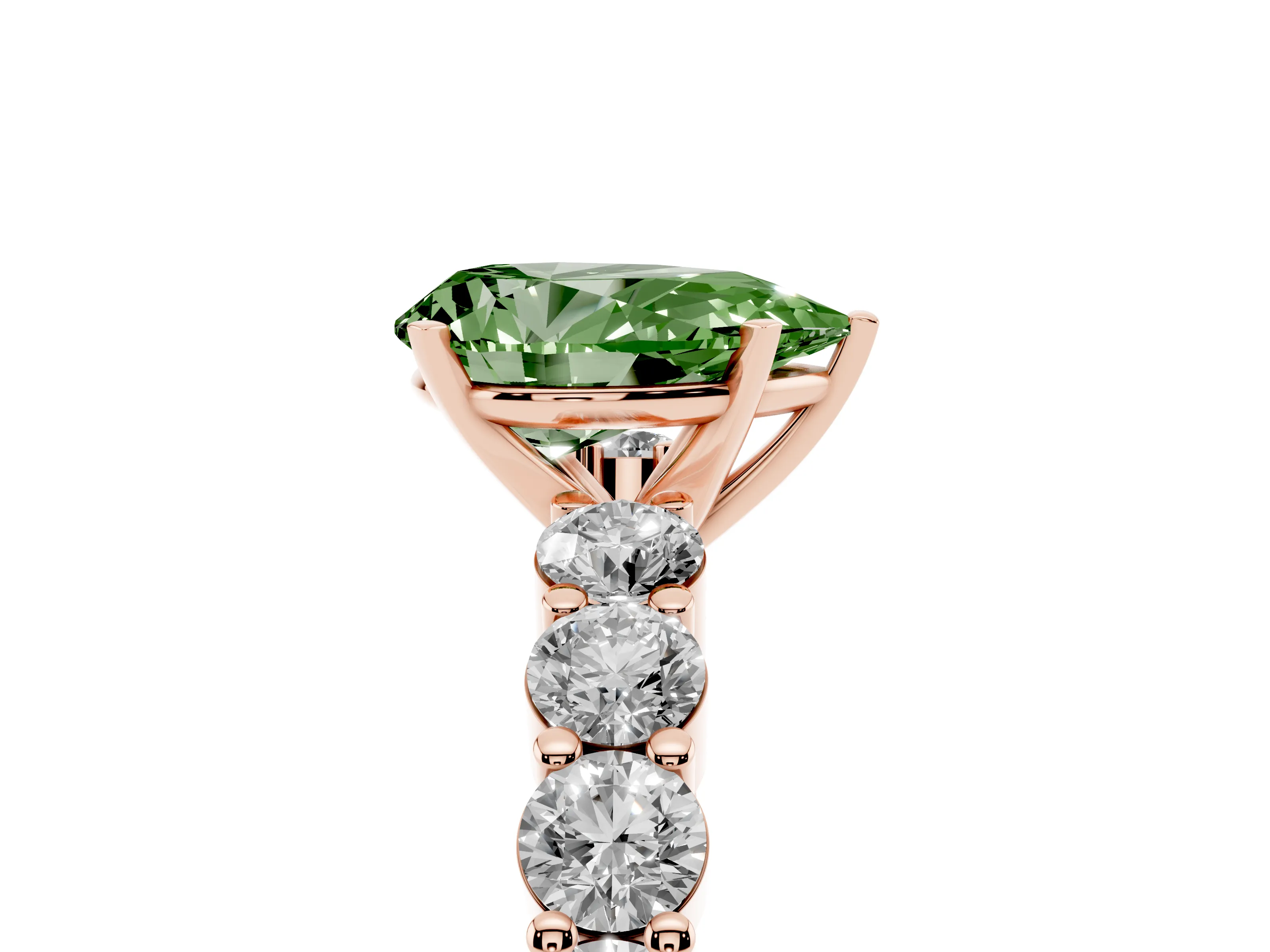 Fancy Green Pear Cut Diamond Solitaire Ring Set in Rose gold with Shared Prong Round Side Stones