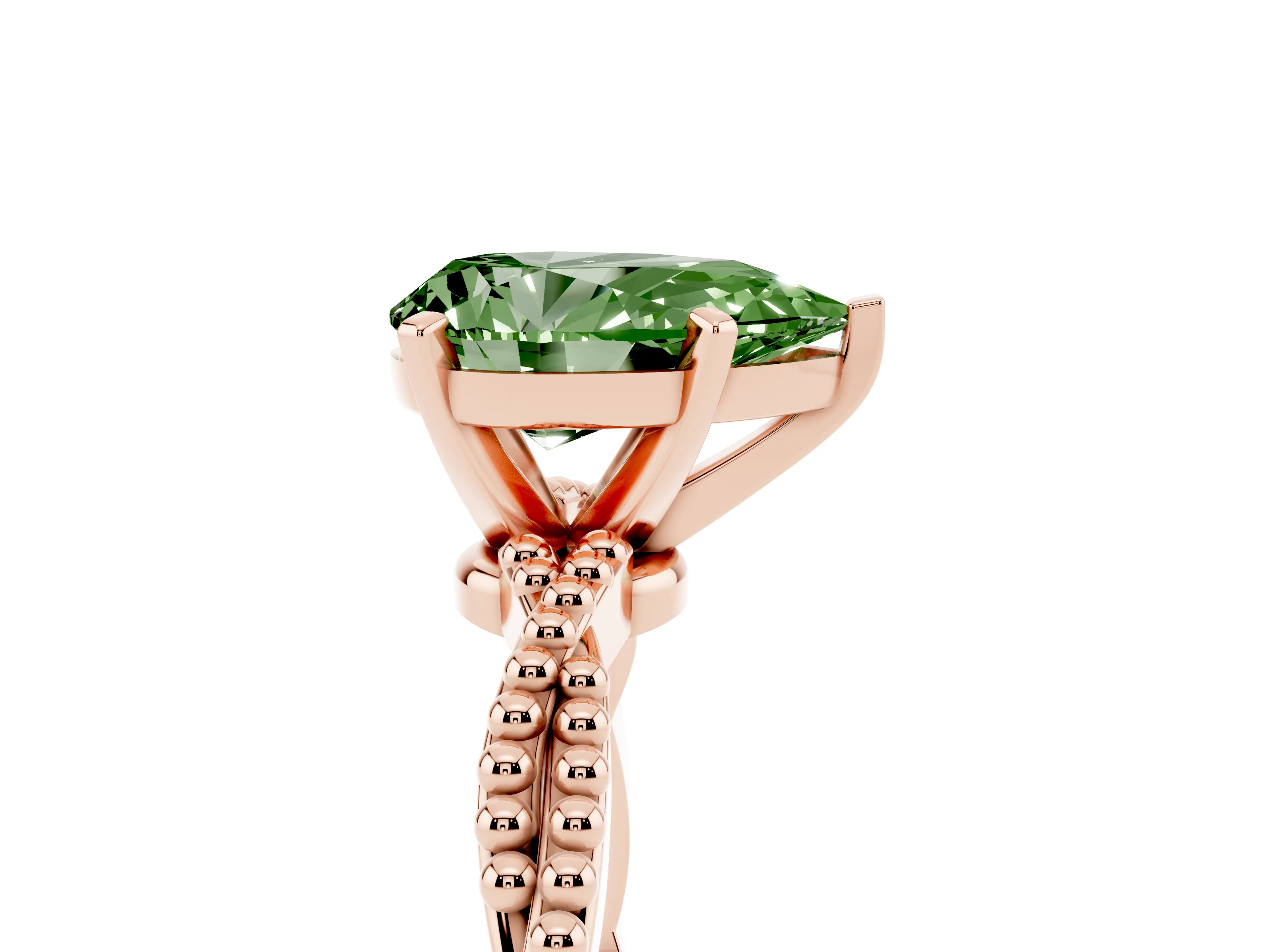 Fancy Green Pear Cut Diamond Solitaire Ring Set in Rose gold with Twisted Band and Bead Prong Setting