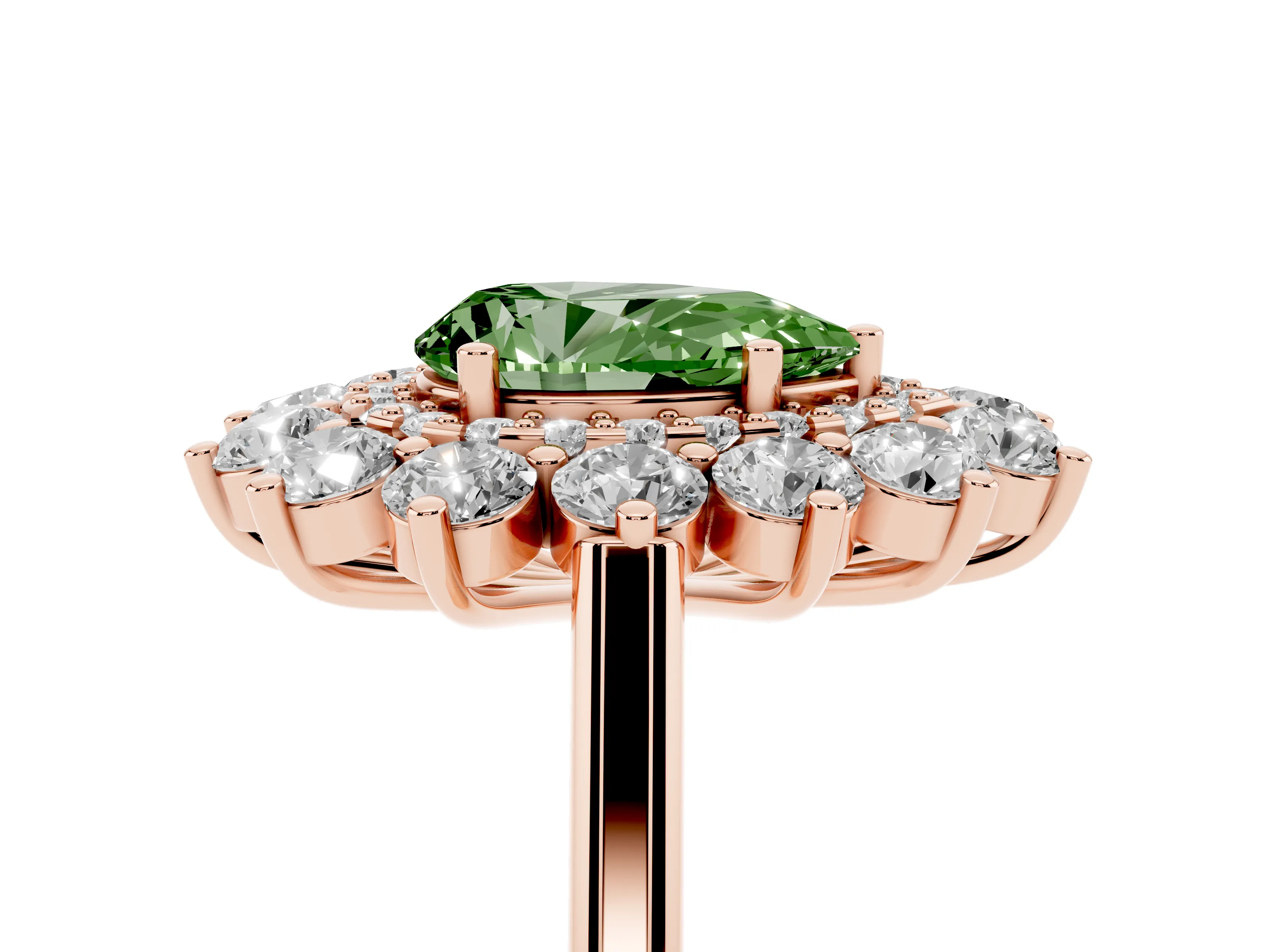 Fancy Green Pear Cut Diamond Floral Double Halo Ring Set in Rose gold with Round Petals