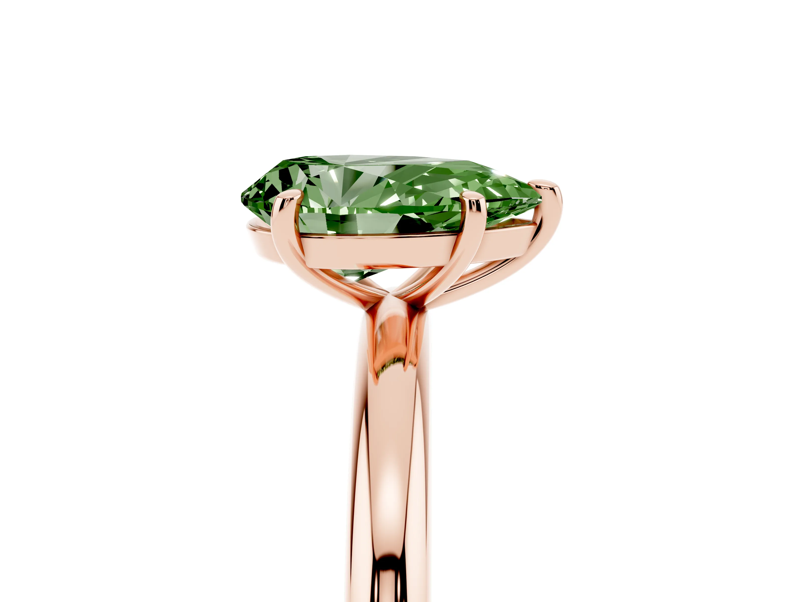 Fancy Green Pear Cut Diamond Solitaire Ring Set in Rose gold with Prong Setting on a Polished Plain Band