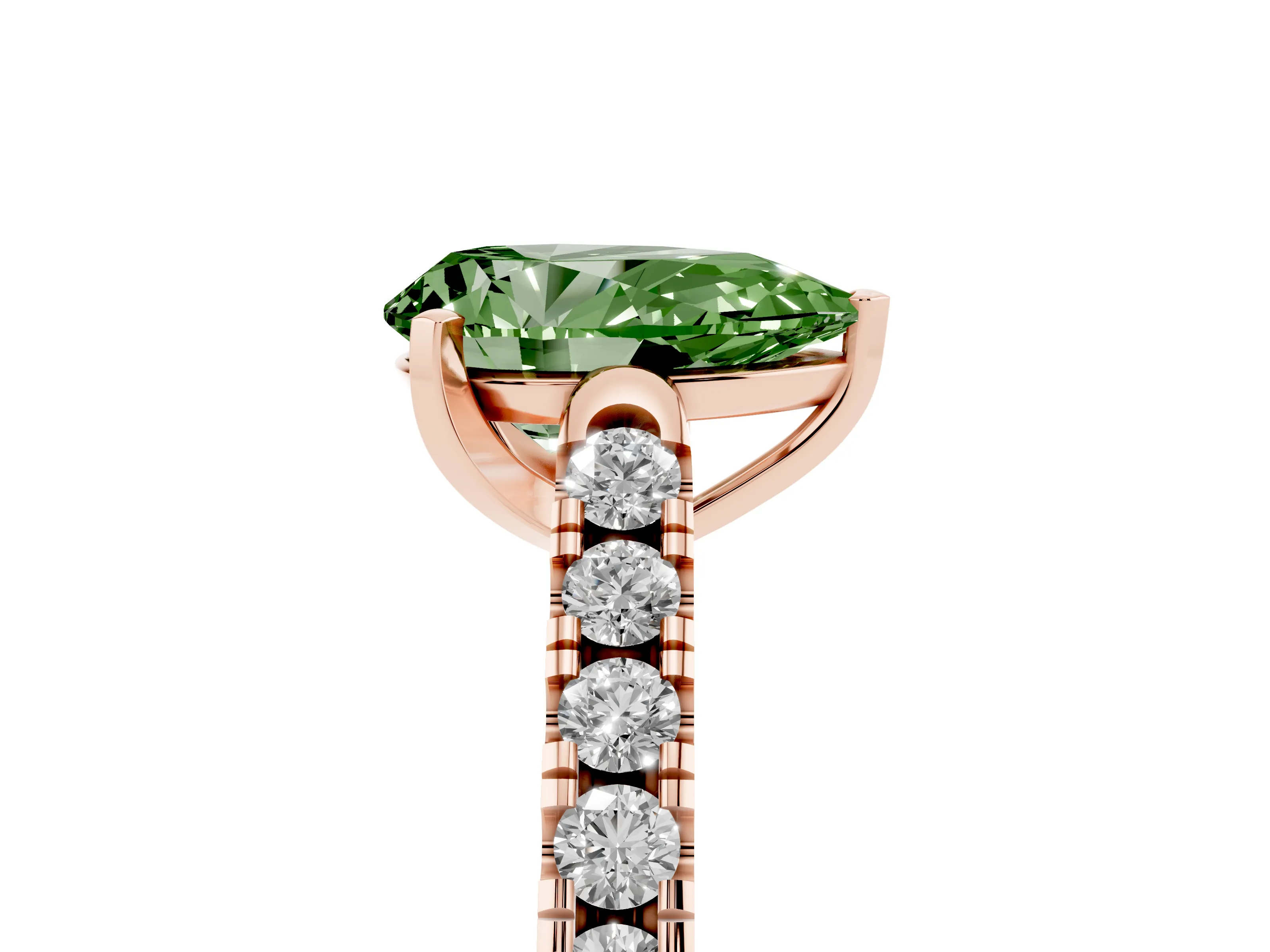 Fancy Green Pear Cut Diamond Pavé Band Solitaire Ring Set in Rose gold with Partway Accent Stones and Prong Setting