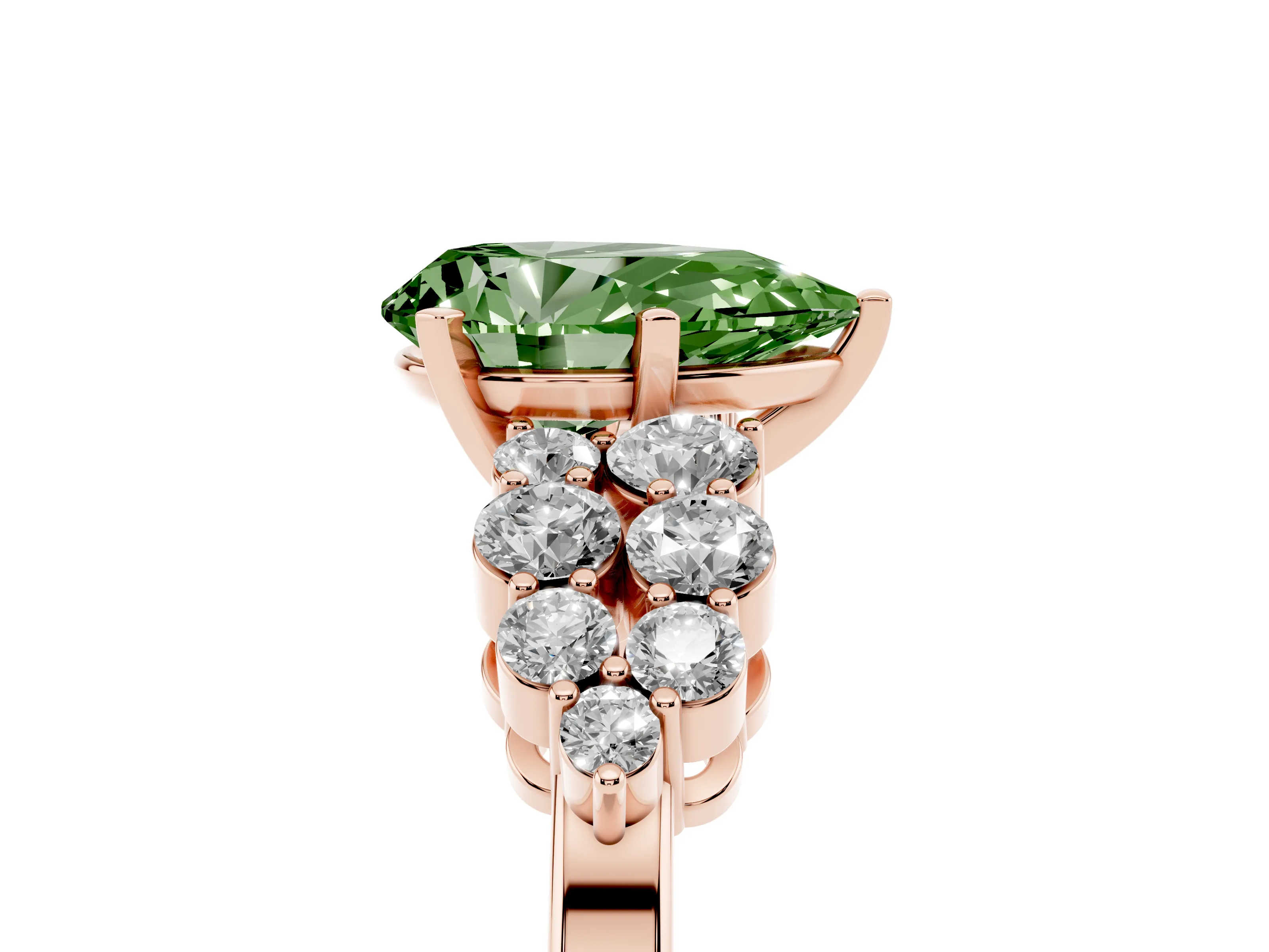 Fancy Green Pear Cut Diamond Cluster Engagement Ring Set in Rose gold with Pavé Band and Prong Setting