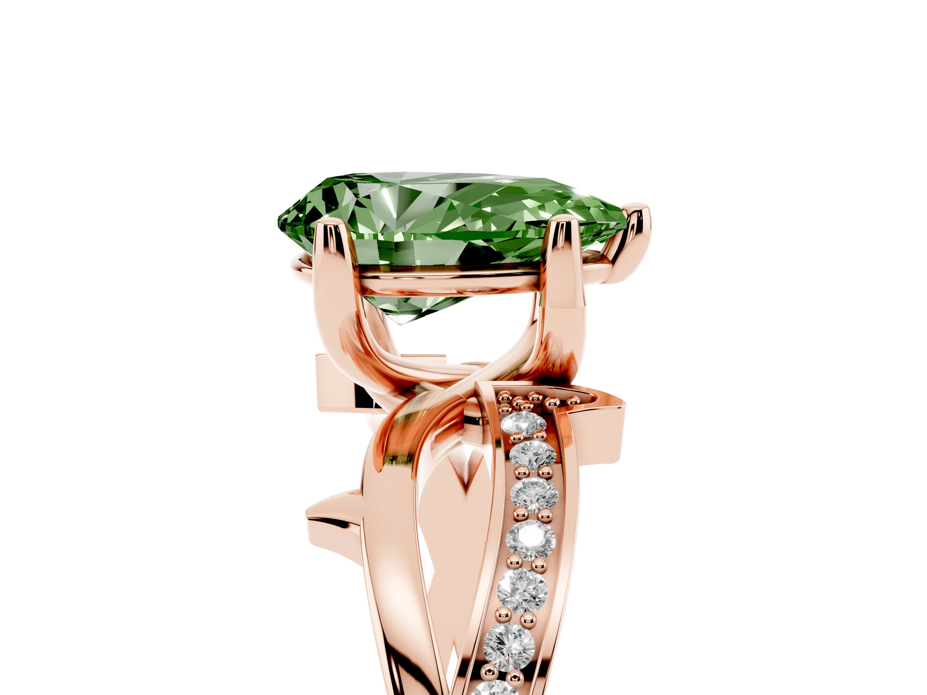 Fancy Green Pear Cut Diamond Pavé Twist Band Solitaire Ring Set in Rose gold with Prong Setting