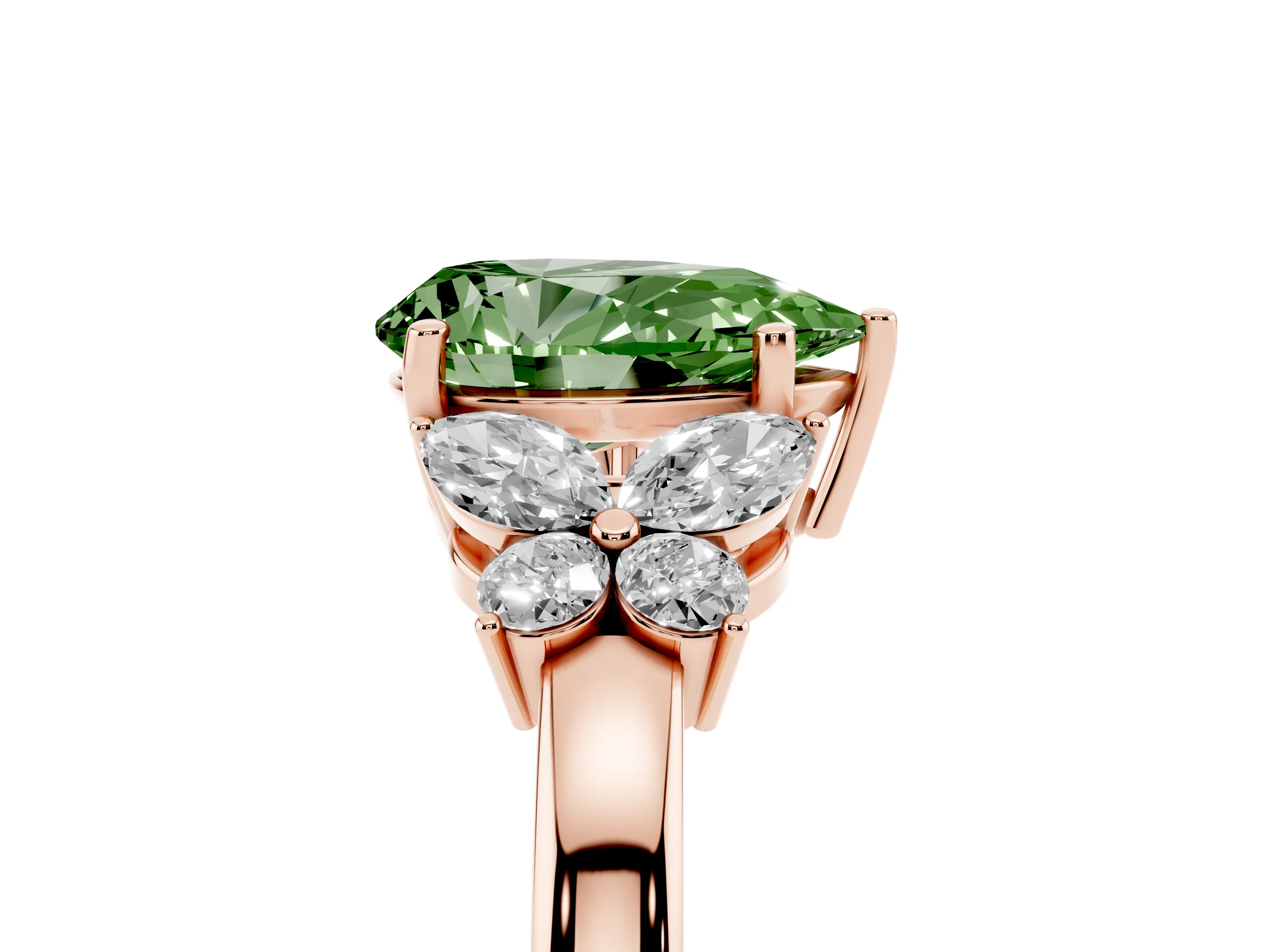 Fancy Green Pear Cut Diamond Solitaire Floral Ring Set in Rose gold with Marquise Petals and Prong Setting